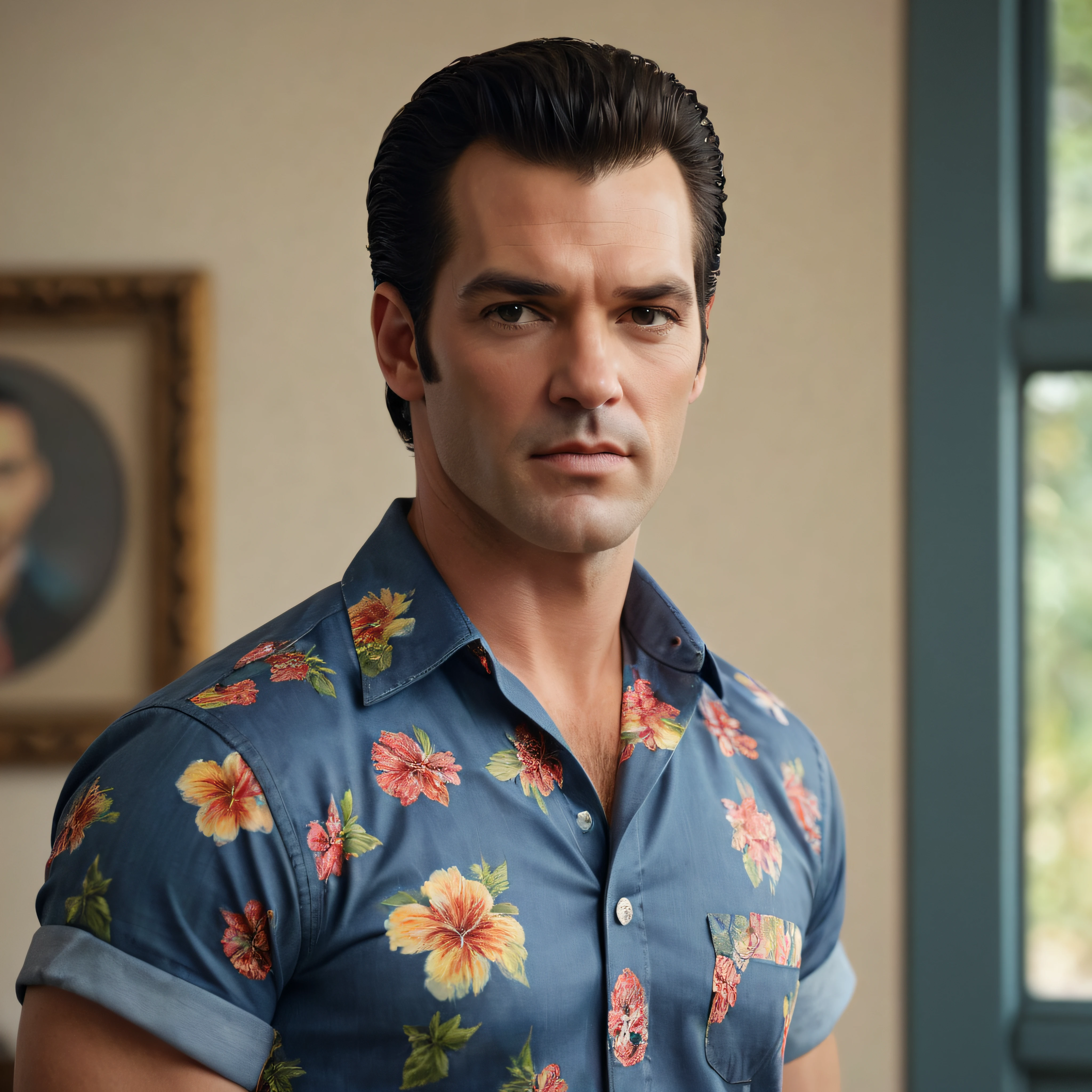 close-up, facial portrait, 33-year-old Paul Stanley/Elvis Presley/Tom Selleck/Henry Cavill/Keanu Reeves/Dolph Lundgren/Tyler Hoechlin/Jon Bernthal extra short, buzz-cut hair, wearing short sleeved Hawaiian shirt, blue Jeans, oil painting in the art style of Gilbert Stuart, 32k, UHD, hyper realistic, Photorealistic, sharp, vibrant, extremely colorful, highly detailed, professional quality, beautiful, awesome, majestic, superb, trending on artstation,