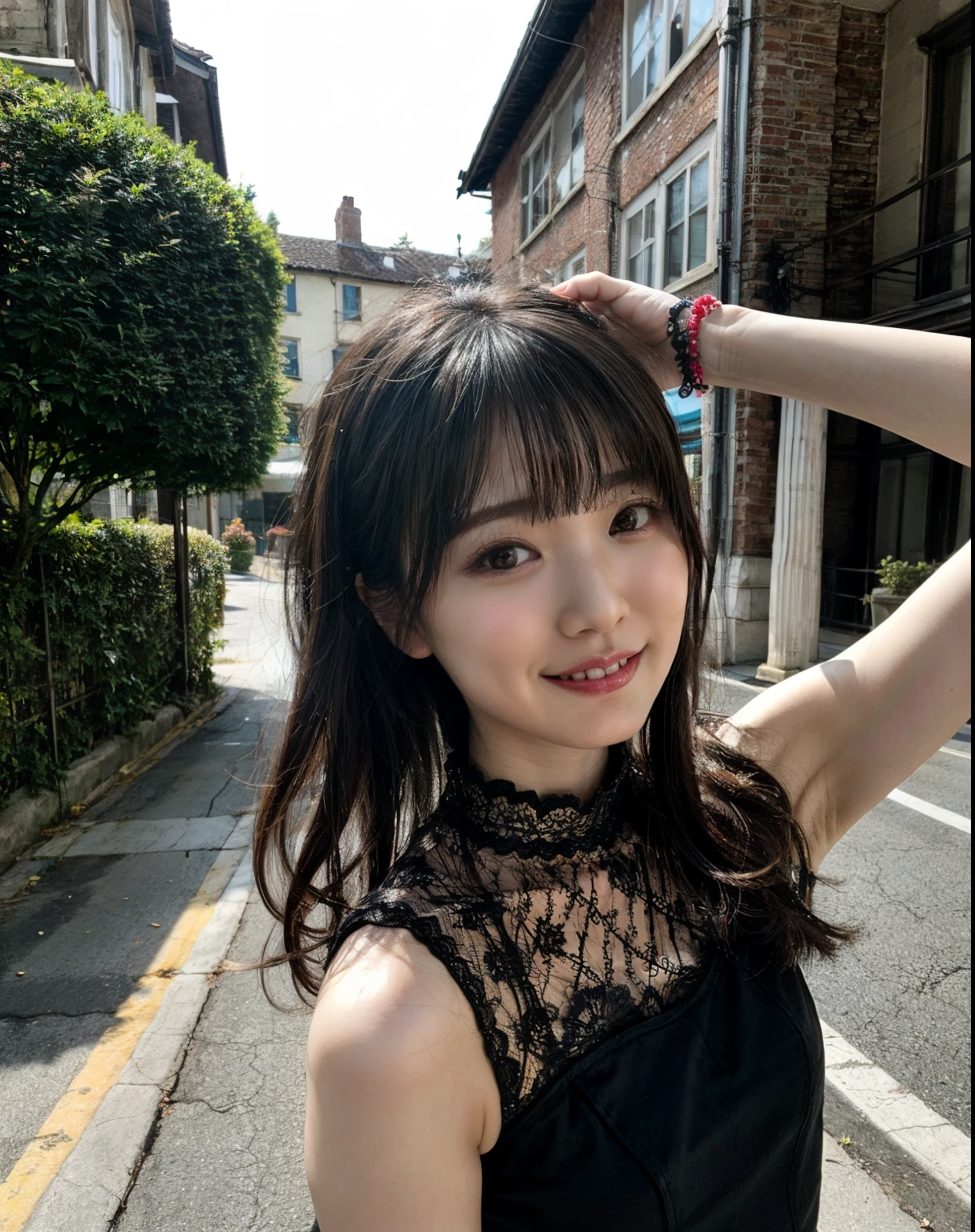 a woman posing on the street corner with light blue dress on、top-quality、女の子 1 a person、a baby face、tiny chest、tag、发光、Blur background、bokeh dof、outside of house、(street:0.8)、(a person々、crowd:1)、(lace-trimmed)doress:1.5、sleeveless dress、Black clothes、Black High Neck Dress:1.2、blackdress:1.5)、a gorgeous(Longhaire、forehead:1.2)、Beautiful sky with details、耳环、(dynamicposes:1.2)、 (The upper part of the body:0.8)、Soft lighting、the wind、glowy skin、a smile、