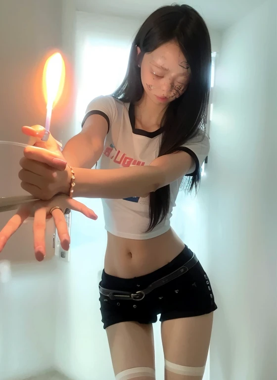 There is a woman holding a lighted candle in her hand, Hot and petite, slender girl, 1 8 yes, Flames appear around the body, fireball hand, parched，and the sun was shining brightly, There is fire on the hands, 2 , she has fire powers, photo of slim girl, Fiery, Sexy girl, 2263539546], Light effect. Feminine