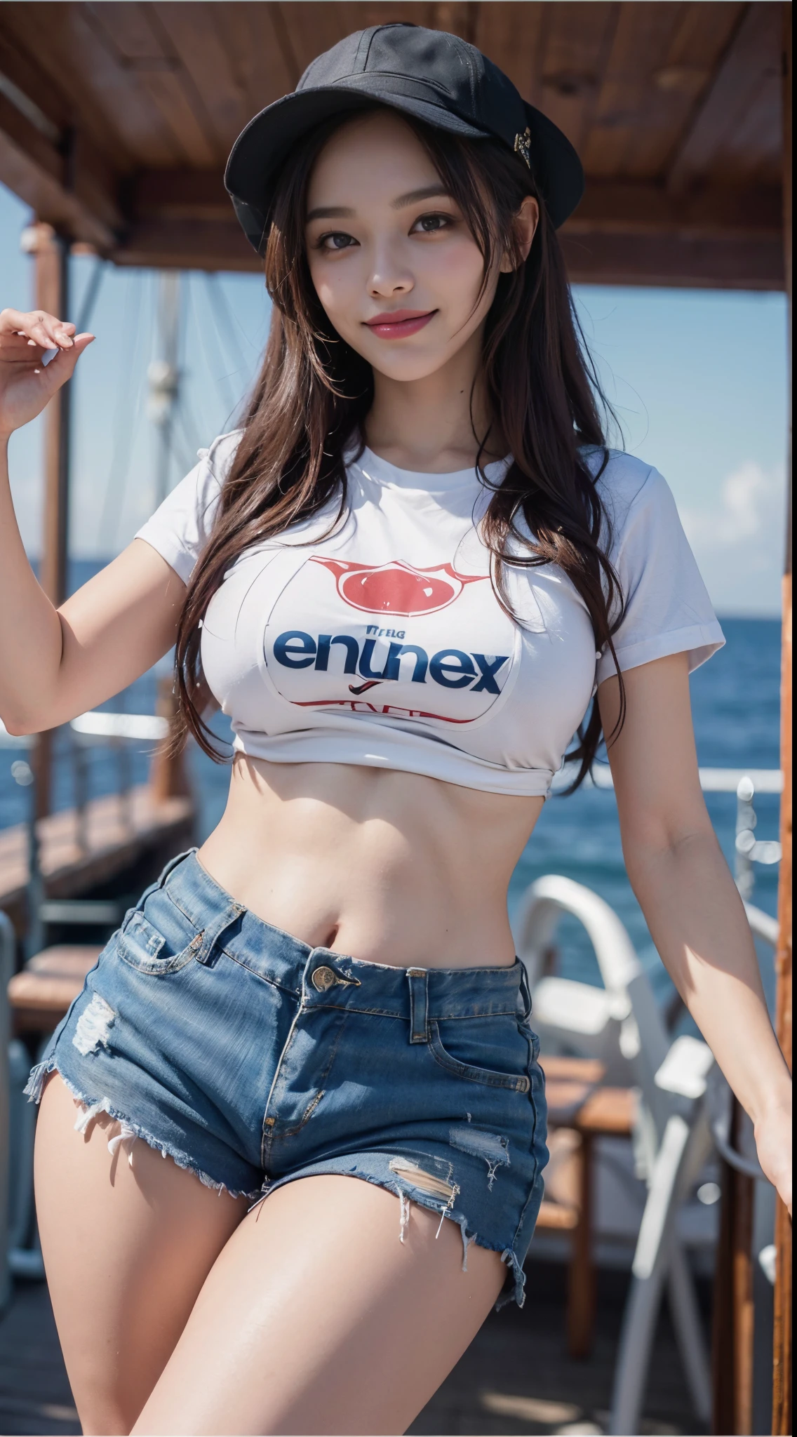 angling，(((Catching big fish)))，delicated、Above the sea、Fishing on a boat、((I'm catching a big tuna))、8k, top-quality, （pubic hair beauty）、hight resolution, 逼真, realperson,　Above the sea、The Sunshine、On a big ship、(Luxury liner)、Flirting and dancing、((a smile))、exclamation、One young and beautiful girl、huge tit、Beautiful waist constriction、beautiful legs、((It's so short that your stomach comes outＴThe shirt))、Tight denim shorts、Dancing in a variety of poses