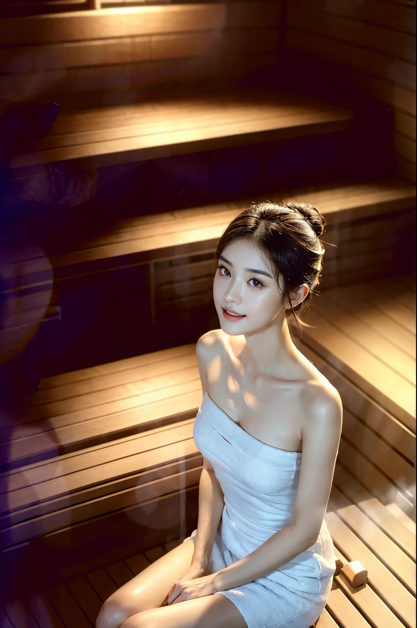 ((shoulder-length straight bob hair)),((bun hair)),Extremely meticulous CG),(((8k))),wallpaper,((Extremely refined and beautiful)),(((Masterpiece))),(((best qualtiy))),(((Ultra High Resolution))),beautiful light up，Perfect lightning,realistic shaded，[A high resolution],(Smooth and flawless fair skin:1.5),Extremely exquisite facial details,ultra - detailed,A  girl,solo,small head,small face,clear face,Exquisite makeup,(laughing:1.2),(perfect body:1.1),small breasts,flat chest,slim,thin,bare back,slender legs,(from above:1.2),day scene,dim light,(Japanese classical interior decoration style),(sauna:1.5), (upper body:1.3),  (Photography:1.2),(cinematric light, very detailed illustration), (A very meticulously drawn face, ultra Beautiful face, ultra delicate eyes, ultra detailed nose, ultra detailed mouth, ultra detailed body, Detailed hips, detailed thigh), Cleavage,(Long dress in very detailed towel fabric:1.3, Strapless), (Sweating a lot:1.3), (Sitting on a wooden bench), Slouching,light and shadows