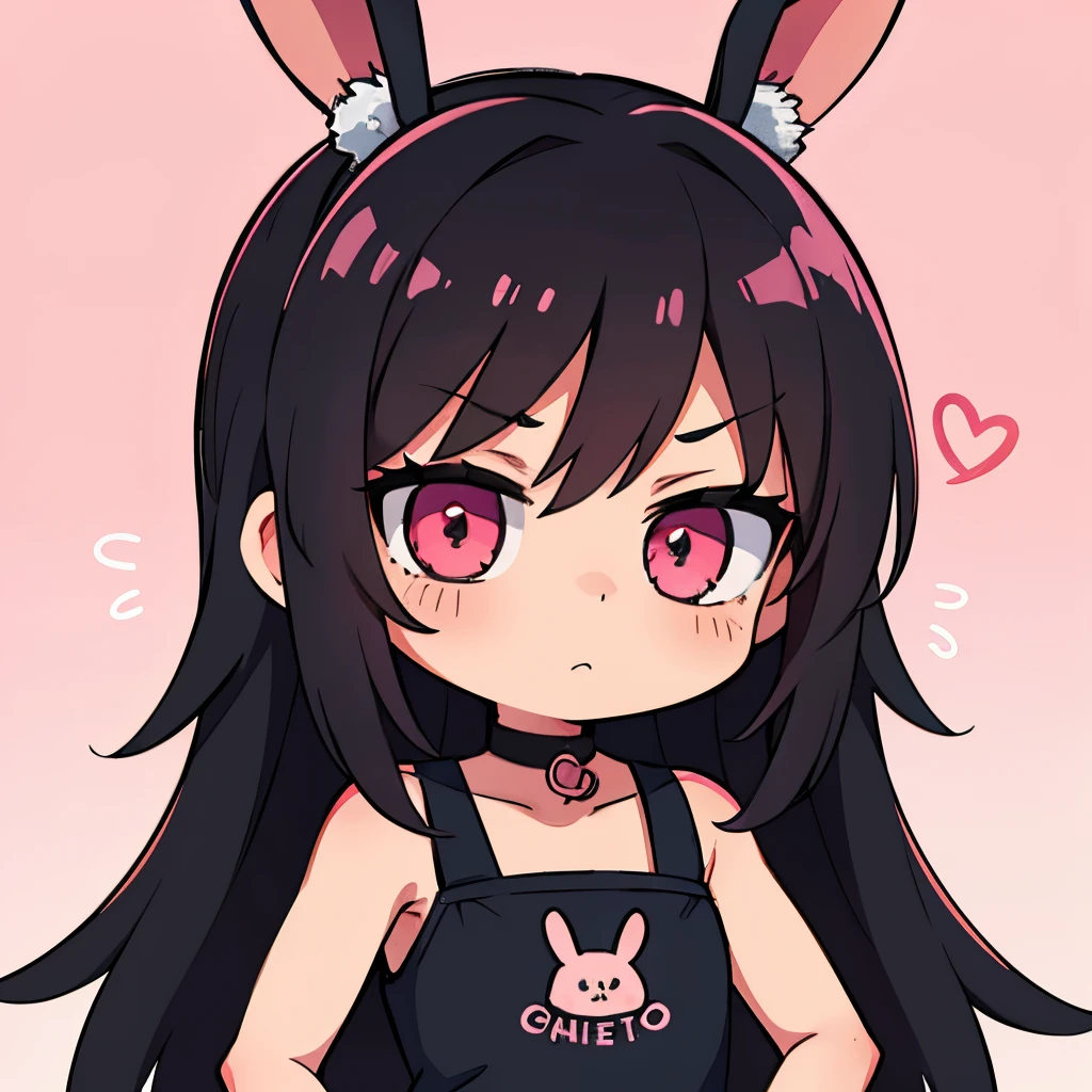 1girl，tchibi，Buffy，mano，V logo，beckon, Love you，black long hair，pink eyes,  Gradient hair color,  rabbit style