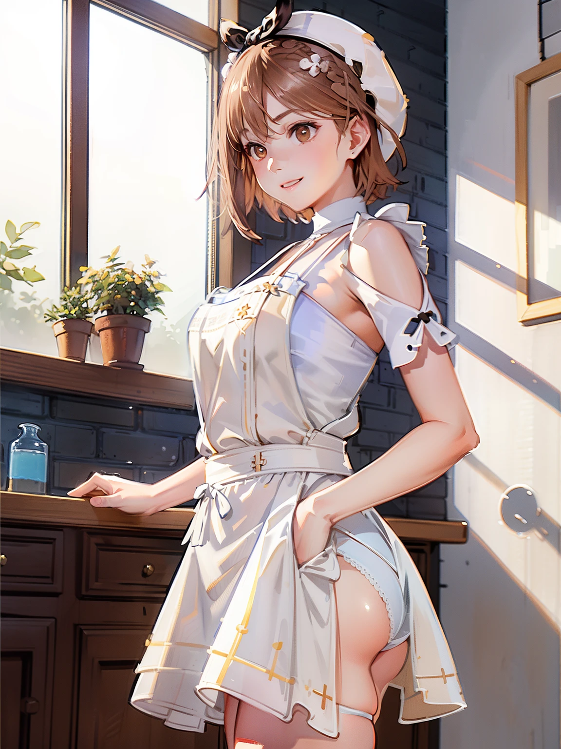 (masterpiece), (Top image quality), (ultra-definition), (Best Illustration), (Best Shadow), 超A high resolution, (Photorealsitic:1.4), 1 girl at home, Modern bright western home kitchen、、((the udder is covered with a transparent white apron,,,、The apron is adorned with pleated shoulder straps and white heart-shaped pockets)), 鎖骨, (Soft big、small areola and protrusion,,,,,), (short-cut、bangss), see the beholder,Soft and huge、(A slight smil、Shy laughter)、soft and big buttocks、(Female genitalia are covered with white and light blue striped low-leg panties、Small panties with a low cut)、Whipped cream and whippers、