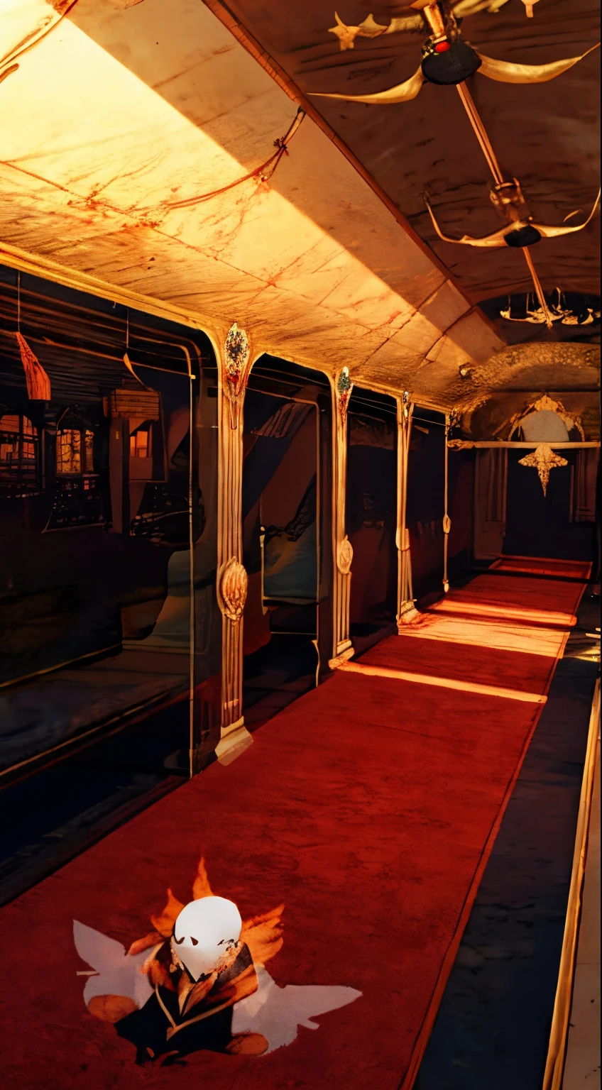 The interior of a lavish train car with red carpet. Inside stands  the monk Sabin surrounded by ghosts