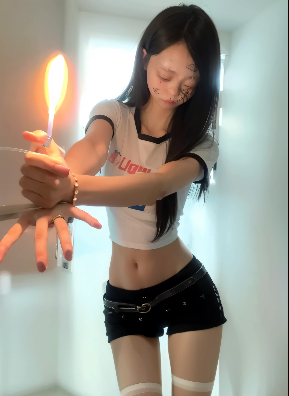 There is a woman holding a lighted candle in her hand, Hot and petite, slender girl, 1 8 yes, Flames appear around the body, fireball hand, parched，and the sun was shining brightly, There is fire on the hands, 2 5 , she has fire powers, photo of slim girl, Fiery, Sexy girl, 2263539546], Light effect. Feminine