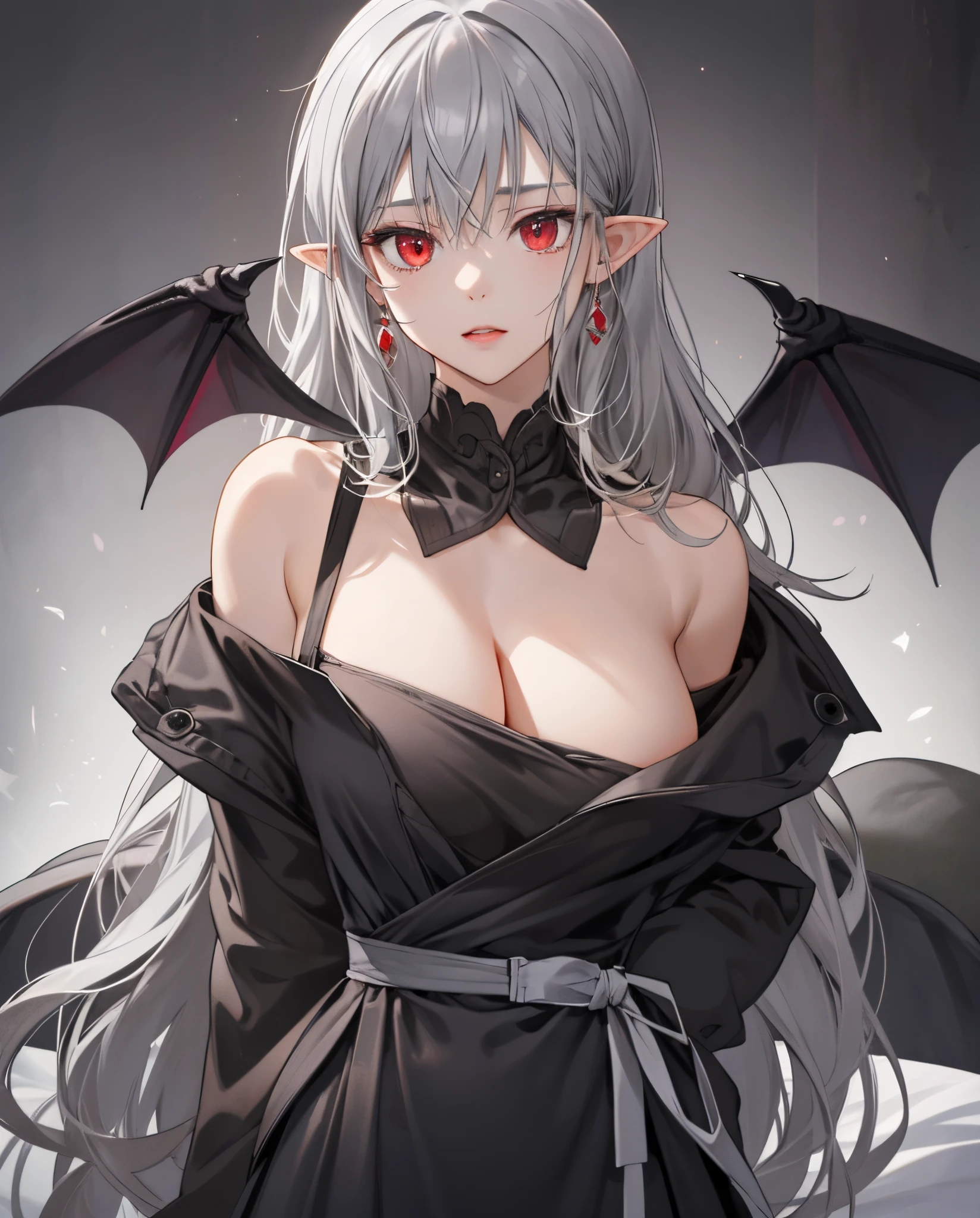 tmasterpiece,8K,Very meticulous,超高分辨率, Best quality, 1个Giant Breast Girl,((cute big breasts+Lori huge breasts cleavage) Small under the chest,Three-dimensional facial features,sitted,Clear eyes,gray hair and beautiful red eyes,pointy ears,exposed bare shoulders, Long gray hair,black and white wrap dress,Alone,square,There is a pair of bat wings on the back,Bad milk,small ,minor,bedridden ,anime