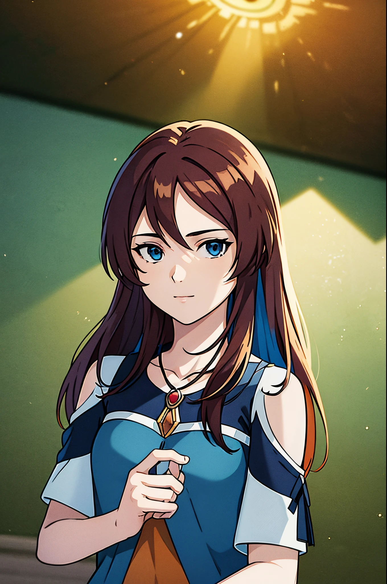 (masterpiece, illustration, best quality, detailed) legend of avatar style, auburn hair, multi coloured eyes, long hair, hair between eyes, long side bangs, loose hair, wears small necklace, blue and white clothes, extremely detailed, beautiful face, detailed eyes, 1girl, cute small smile, looking at viewer, upper body