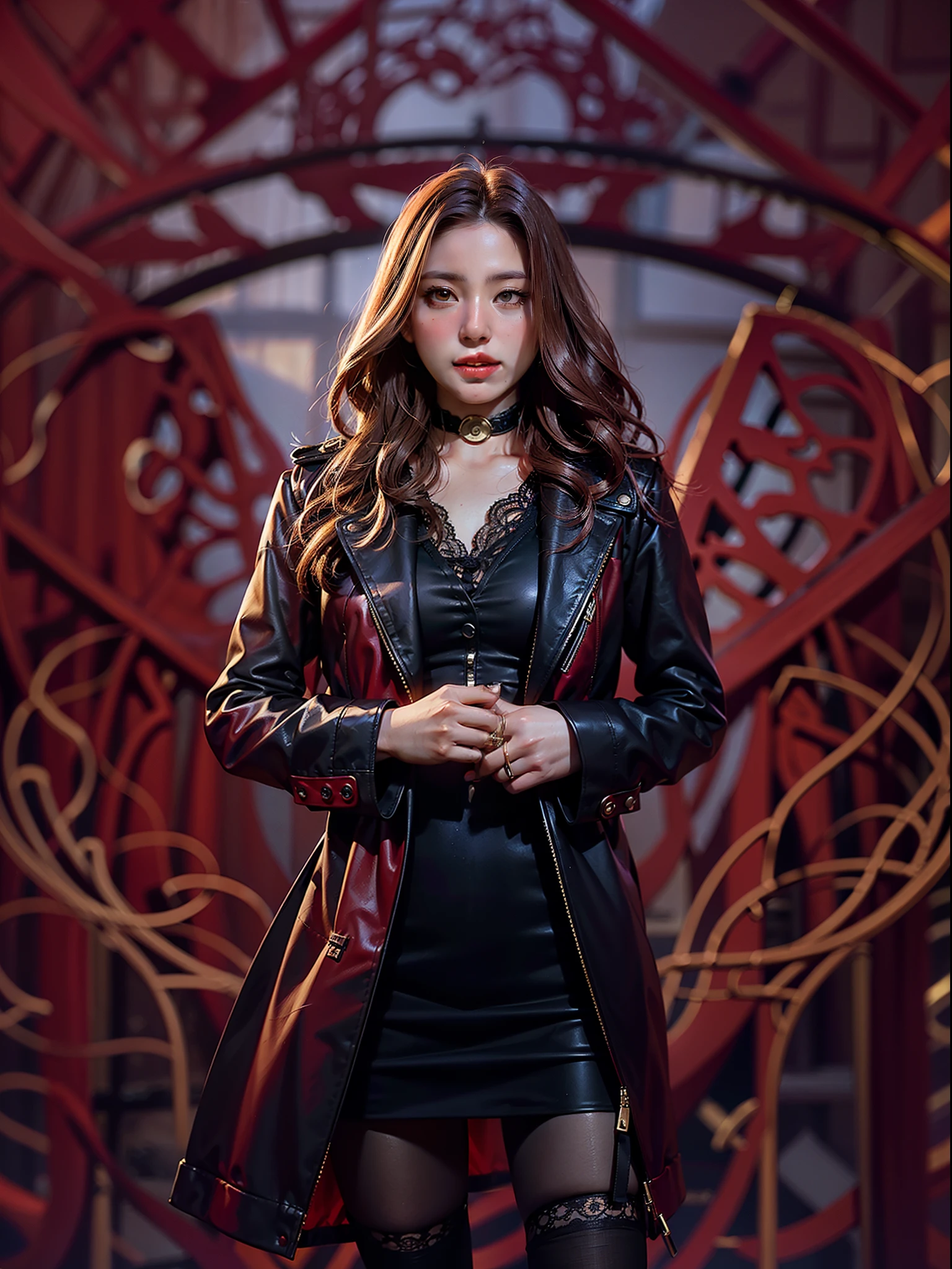 (extremely detailed photo of a woman), (loraelizabeth:1.1), (scarlet witch:1.1), (avengers:1.1), (wearing black lace dress), (open red leather jacket), (8k uhd:1.2), (RAW photography), (model photoshoot:1.1)