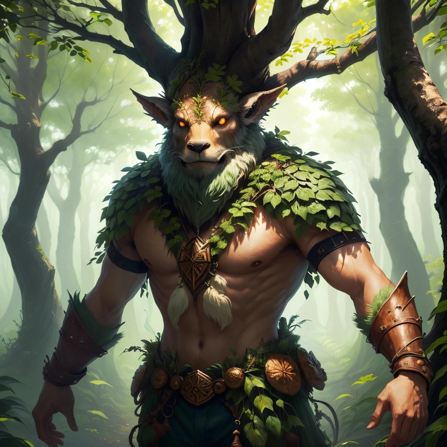 A beautiful druid, with huge branch horns, holding an axe inside a forest of huge trees