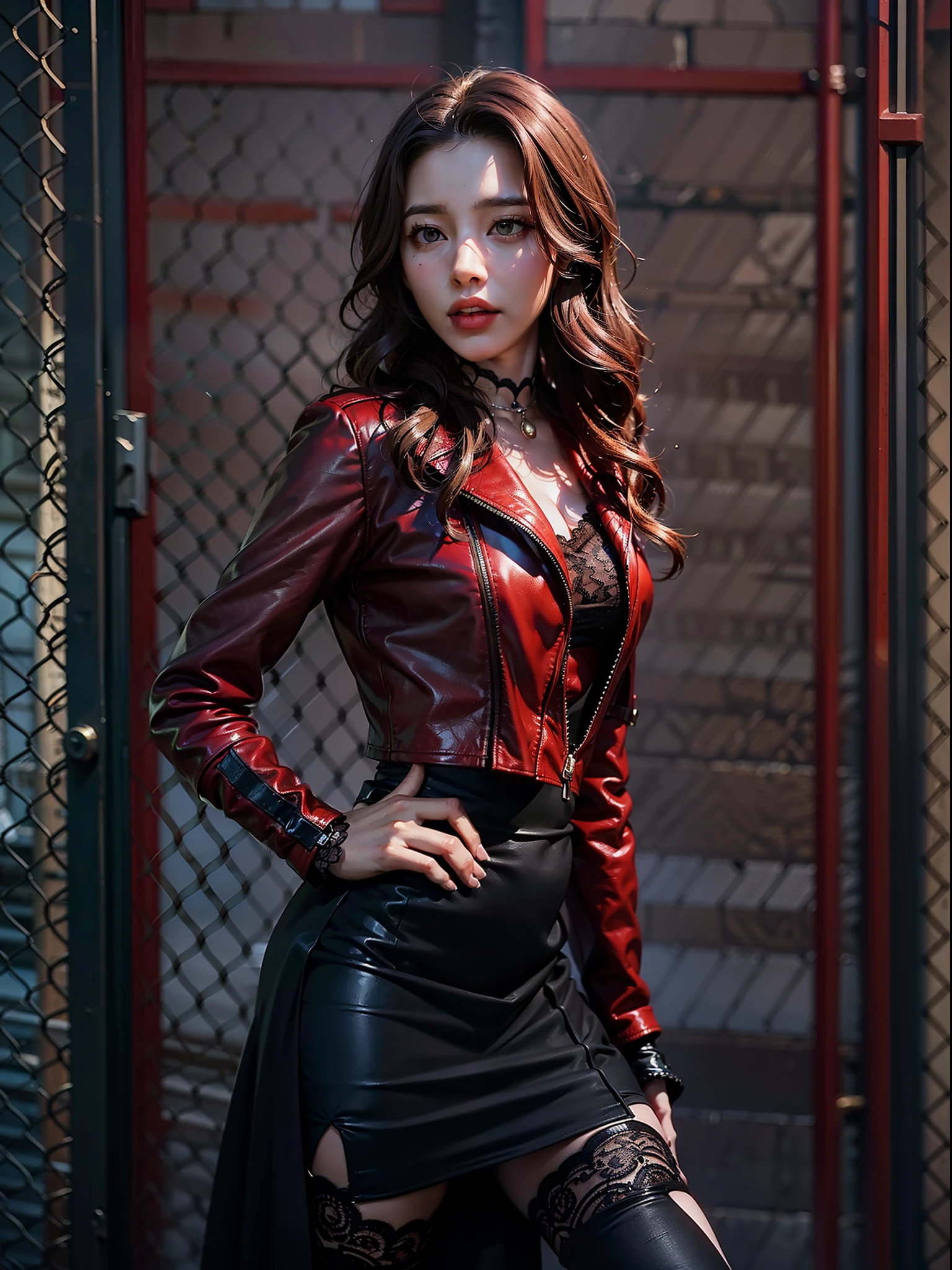 (extremely detailed photo of a woman), (loraelizabeth:1.1), (scarlet witch:1.1), (avengers:1.1), (wearing black lace dress), (open red leather jacket), (8k uhd:1.2), (RAW photography), (model photoshoot:1.1)