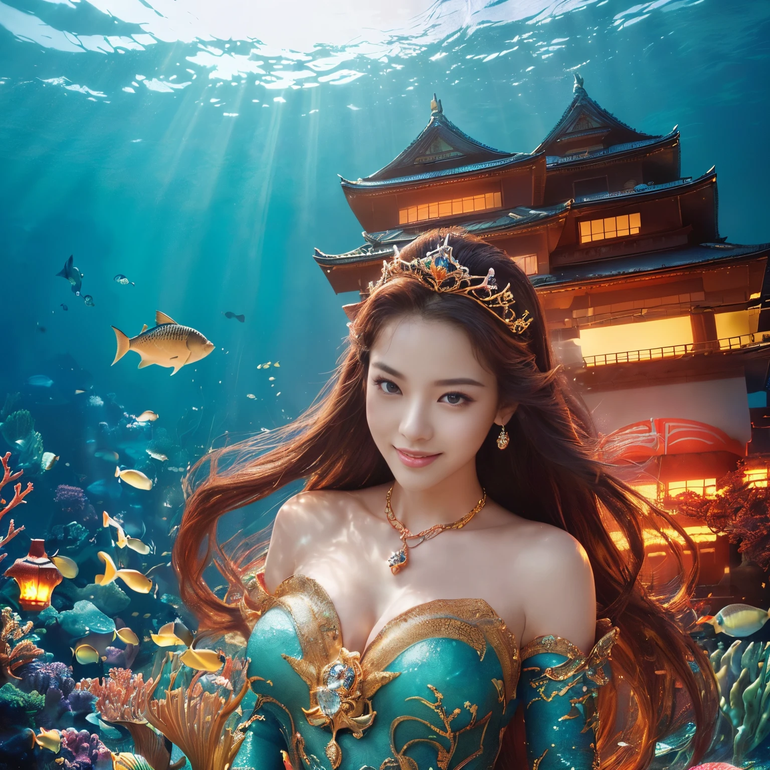 ((top-quality、masutepiece、8K、Top image quality、Highly complex and detailed depictions、super-fine、1 photo、The main character is a person、the castle is in the background.))、((One Princess、Photograph the princess from the waist up、photo of her from the waist up、Please take a photo of the princess'The upper part of the body、luxurious courtesan costume、Luxurious furisode、Luxurious hair ornaments、The background is a castle in the deep sea、She stands at the entrance of the deep sea castle、There are many beautiful fish swimming around the castle....、Lots of beautiful coral and fish)、((Japanese castle underwater in the background、Incredibly gorgeous underwater castle in the background、The most luxurious underwater castle in the background、Beautiful Niwa-lacquered castle pillars、With the exterior of Niwa-nuri Castle in the background、luxury tile roof、Gold decoration of Niwa-nuri Castle、Luxurious Japanese castle with red and gold background、Castle glowing red in the background、red lantern lighting、The most glittering and complex castle、castle built at the bottom of the sea)))、(View me、Biggest smile、The happiest smile、Look at viewers、photo of her upper body、Perfectly depict detailed and complex underwater scenes、Detailed depictions of many beautiful sea creatures)
