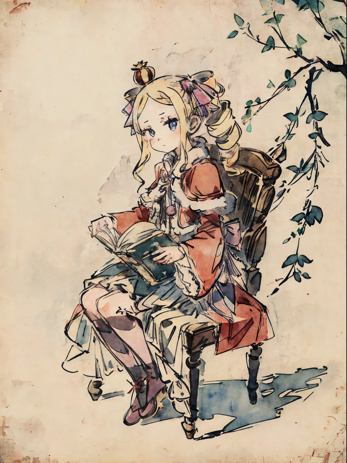 masuter piece, Best Quality, An ultra-high picture quality, top-quality, Anime style, The best lighting, Beautiful face, Rezero, Beatrice, 1girll, Forbidden Library Background, Sit in a chair and read a book, I don&#39;dong&#39;dong&#39;dong&#39;dong&#39;dong&#39;dong&#39;dong&#39;dong&#39;dong&#39;dong&#39;Don&#39;t write on your desk., Vertical twin roll hairstyle, Ink wash painting style