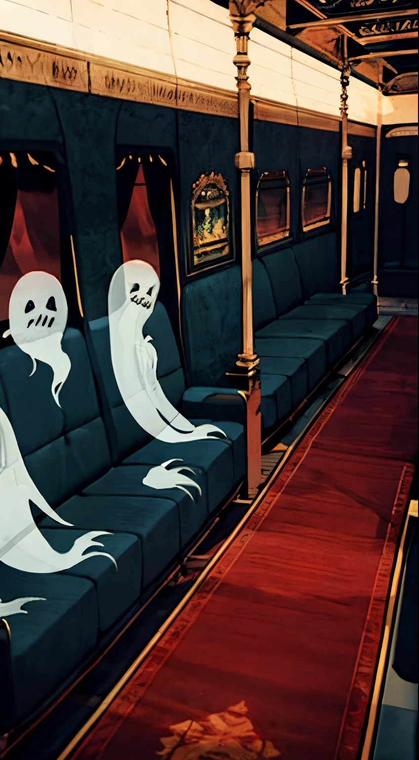 The interior of a lavish train car with red carpet, populated only by ghosts