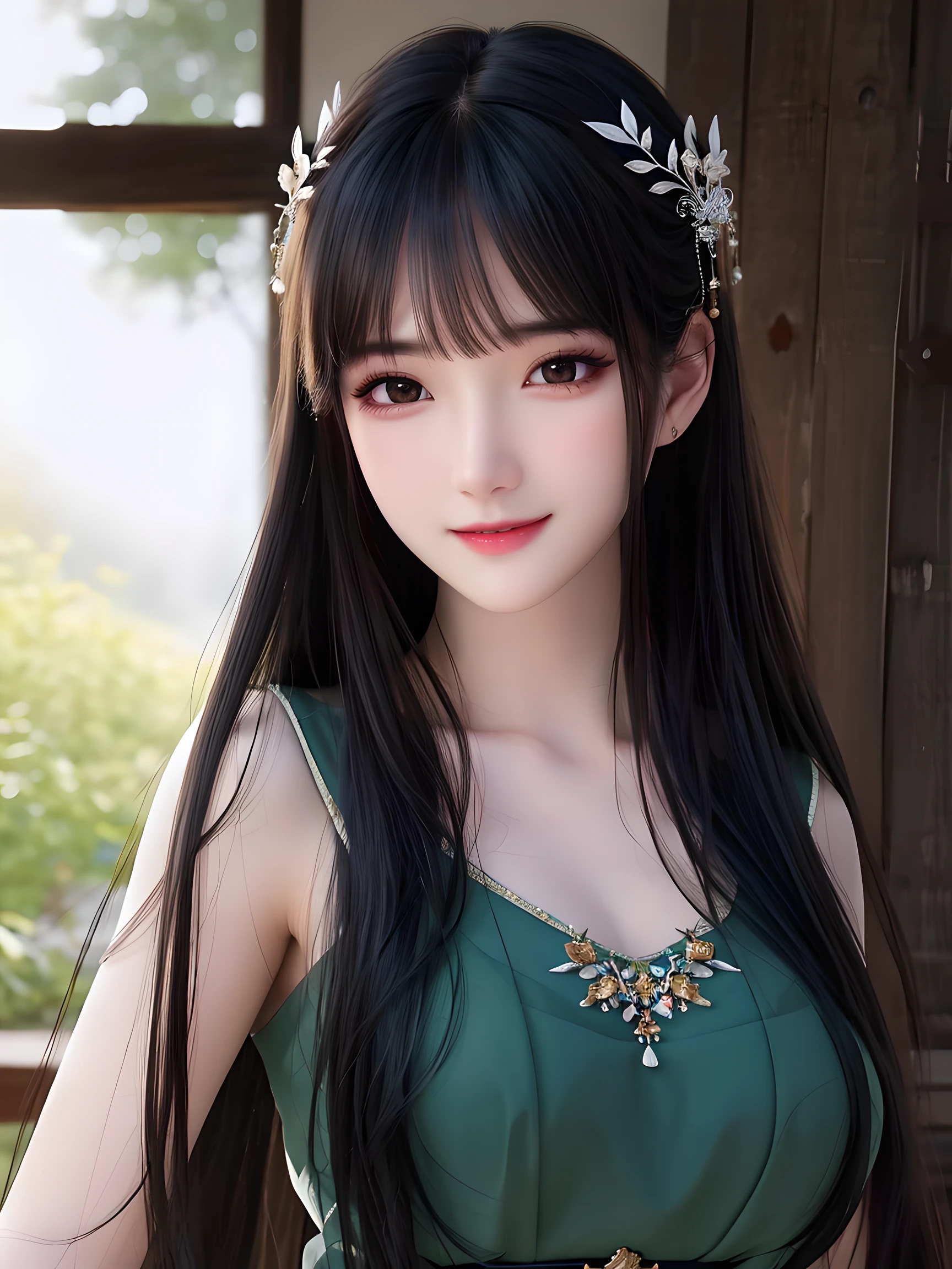 Masterpiece, best picture quality, high quality, beautiful woman, Japanese, popular Korean makeup, detailed, swollen eyes, detailed eyes, detailed skin, beautiful skin, ultra high resolution, (reality: 1.4),very beautiful, slightly younger face, beautiful skin, slender, (ultra realistic), (illustration), (high resolution), (8K), (very detailed) (best illustration), (beautifully detailed eyes), (super detailed), (wallpaper), (detailed face), looking at viewer, fine details, detailed face, pureerosfaceace_v1, smiling, always looking straight ahead, angle from waist up, realistic photo, bright lighting, professional lighting, black hair (some hair is primary color green), long hair green), long hair, dark ruins, gorgeous dress (ruffles, red, black,), mature woman, long stylish bangs,