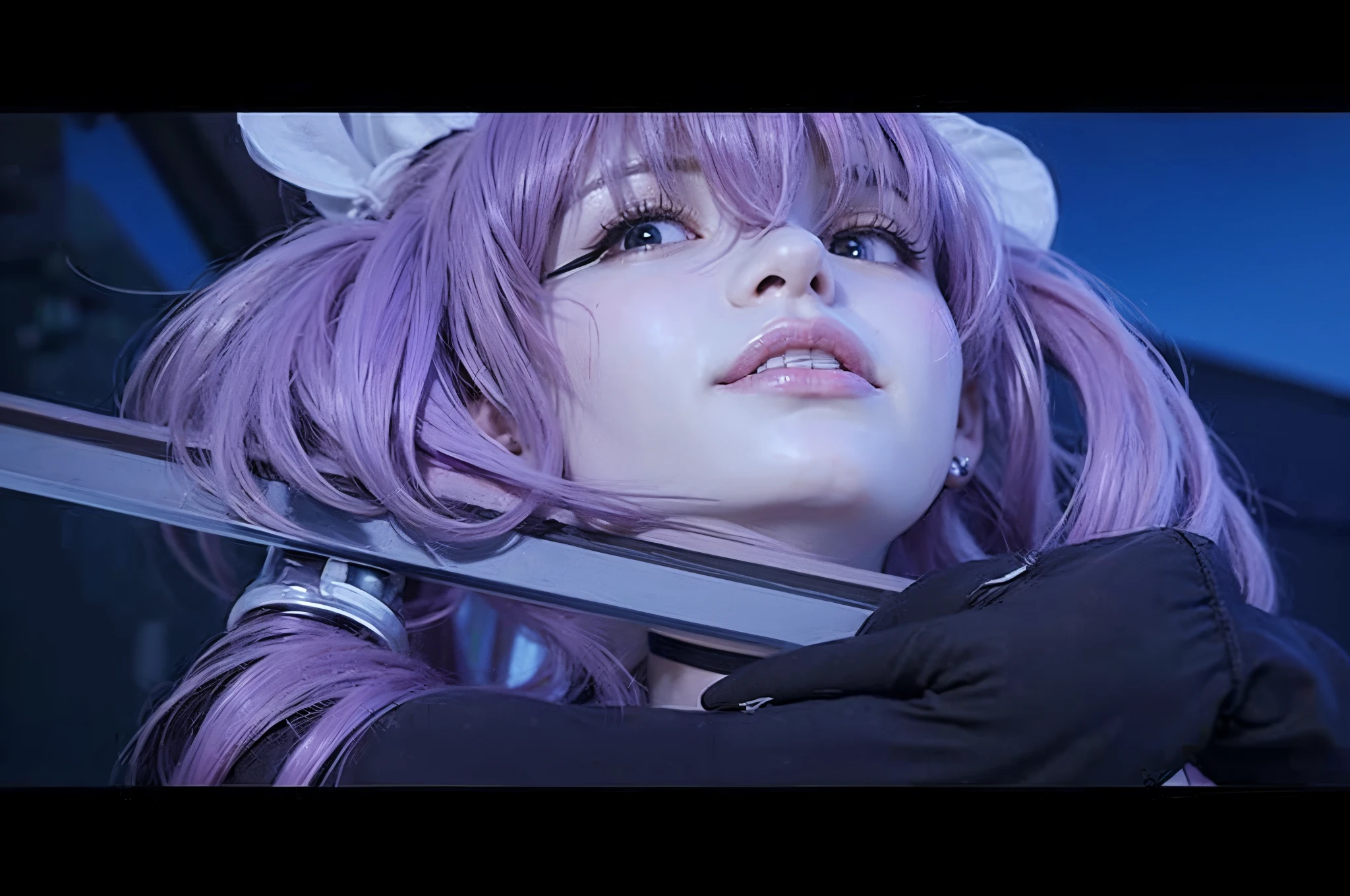Girl, purple hair with twintail, black long gloves, holding sword on her neck