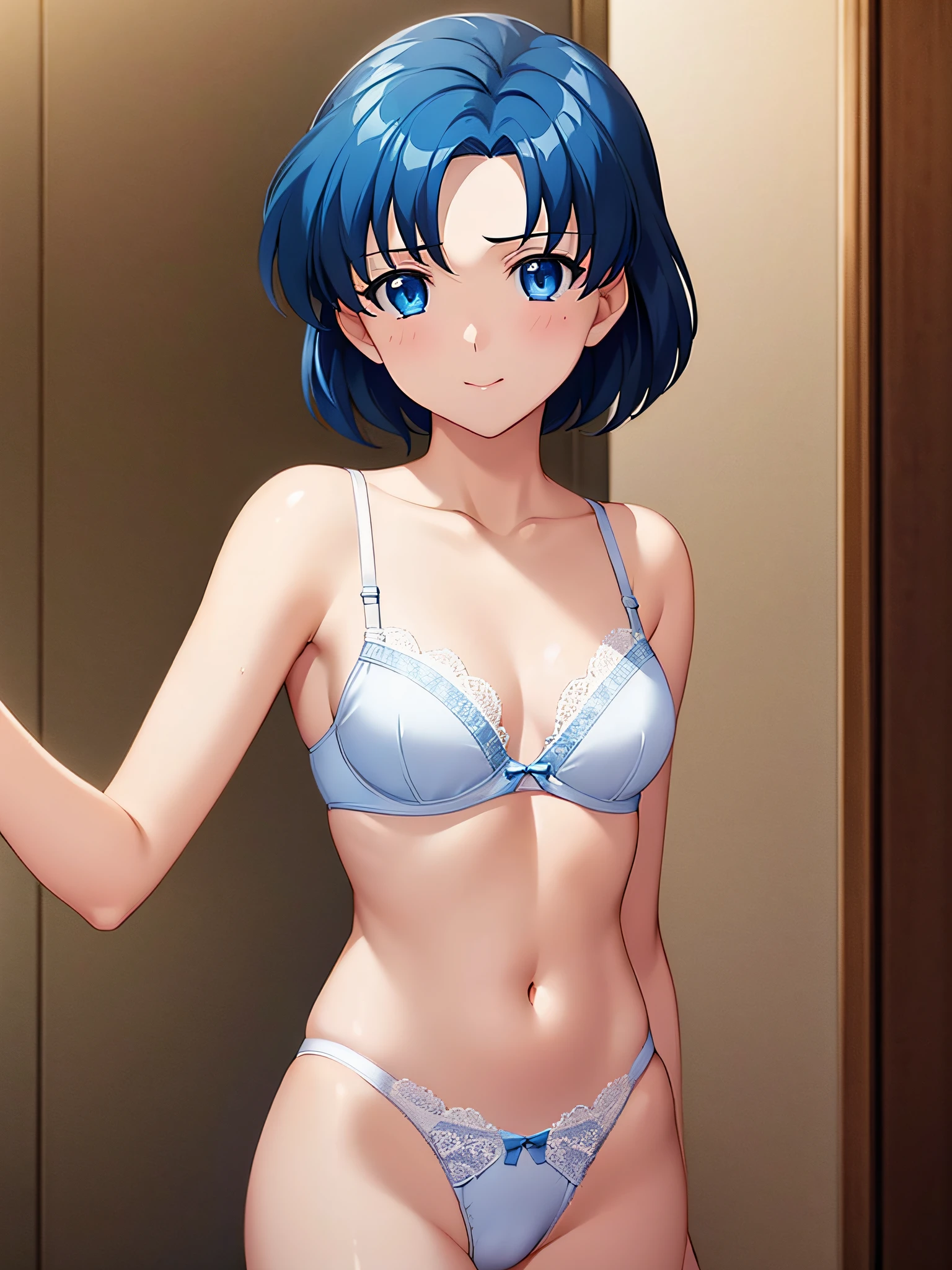 1girl in, lightsmile, Shiny skin, Best Quality, masutepiece, (Game CG:1.4), NSFW, Detailed beautiful face and eyes,爆乳、Lingerie with a small area, Sailor Mercury, I could feel the battle, Serious, Cowboy Shot、爆乳