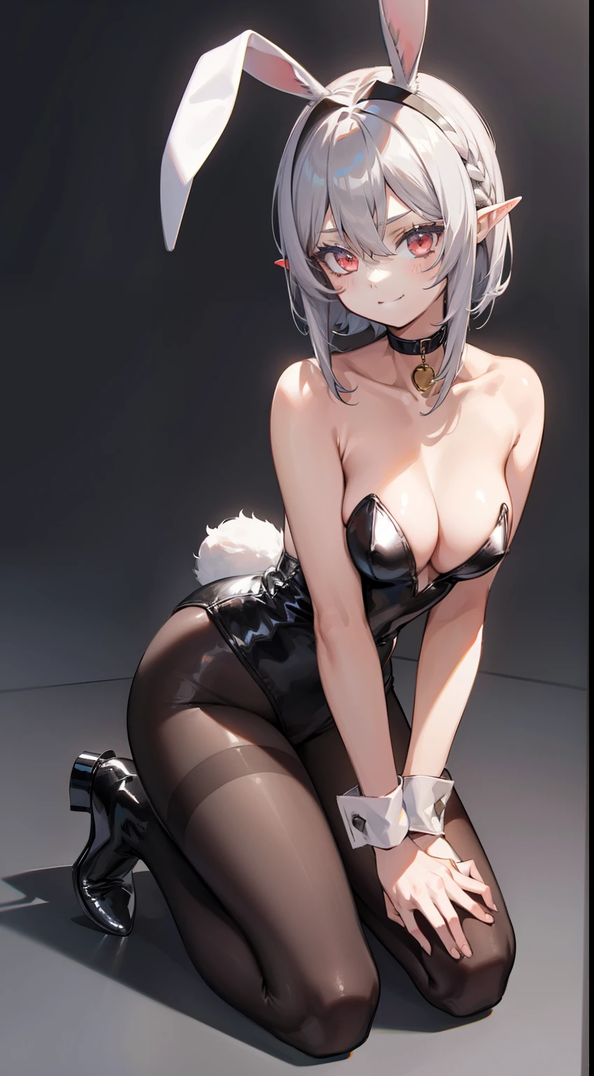 1girl, animal ears, bangs, bare shoulders, black choker, black leotard, black pantyhose, breasts, choker, cleavage, cross, eyes visible through hair, fake animal ears, fake tail, full body, grey background, grey hair, hair between eyes, kneeling, large breasts, leotard, looking at viewer, medium hair, pantyhose, pointy ears, rabbit ears, rabbit tail, red eyes, smile, solo, strapless, strapless leotard, tail, white hair, wrist cuffs