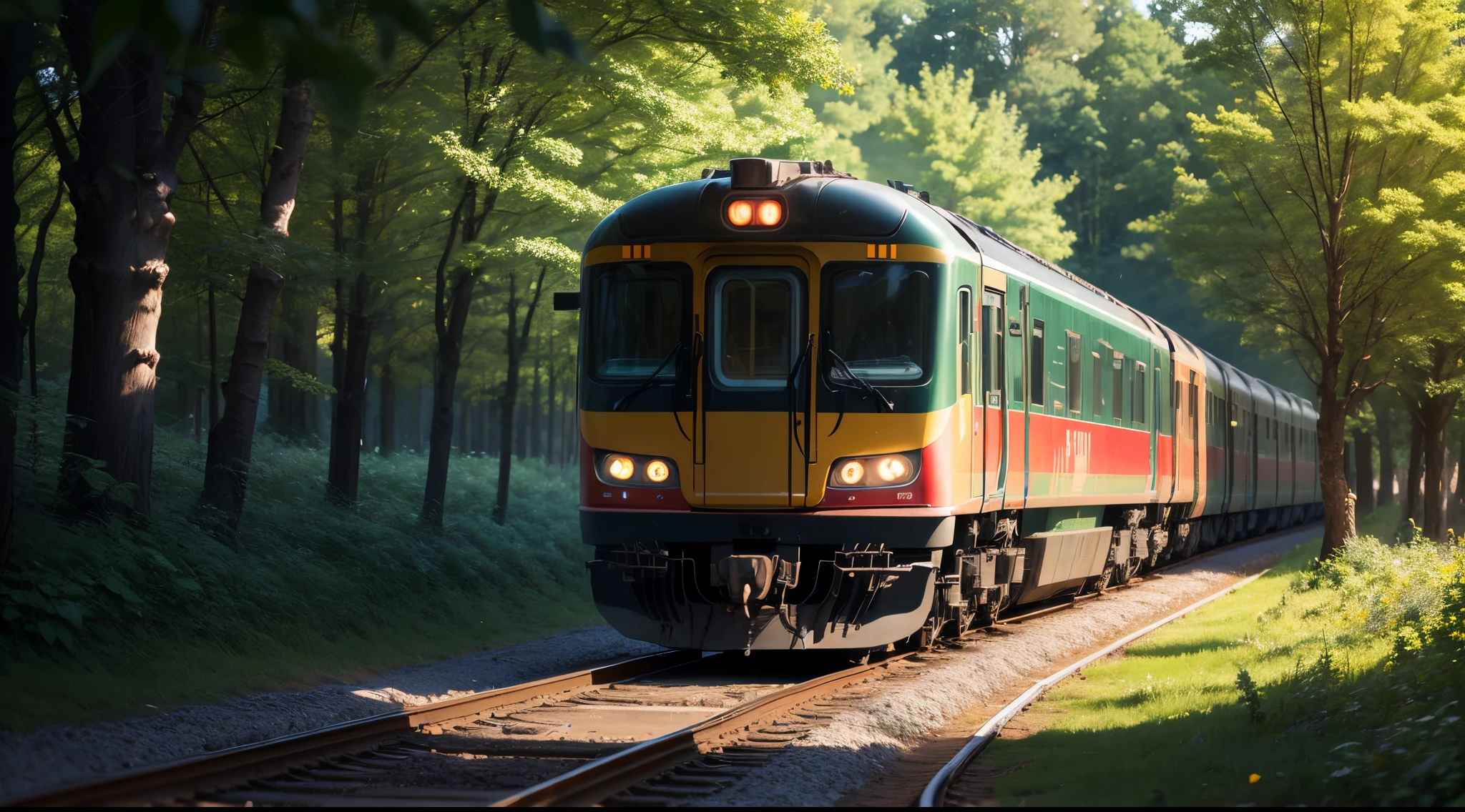 modern, Minimalism, chiaroscuro, motion blur, blurry foreground, UHD, high details, award winning, 1080P, (Train running through the woods), Train, rail