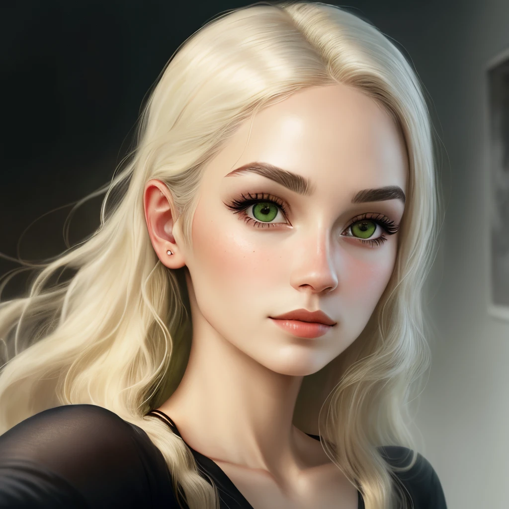 Realistic Thin woman with fair white skin, thin eyebrows, blonde long hair going to the waist, soft green eyes, and slightly long, charcoal black eyelashes, in the style of a selfie, realistic