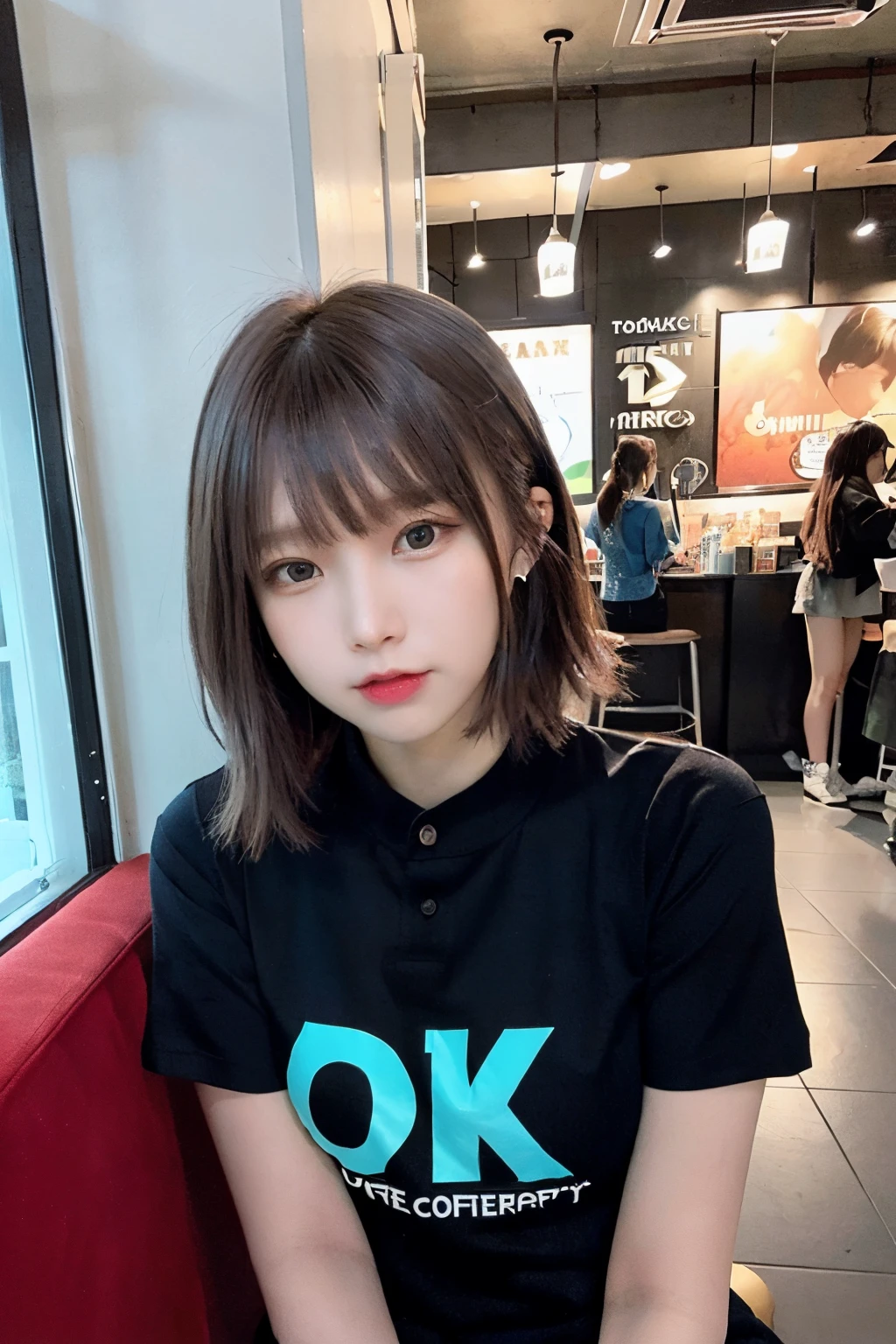 (8K、Raw photography、top-quality、masterpiece:1.2)、(realisitic、Photorealsitic:1.37)、1 girl in、 only、cute little、adolable、(blue eyess)、(Shy smile:0.4)、(独奏)、详细的脸、oval-face、Thin almond eyes、( Brown hair shorthair、Hair over one eye、A slender、medium breasts、Collared shirt、Dramatic Angle、tilt of the head、fluorescent lamp、Inside the coffee shop、Sitting by the window、small head、(Facing the other side)、teens girl、piercings