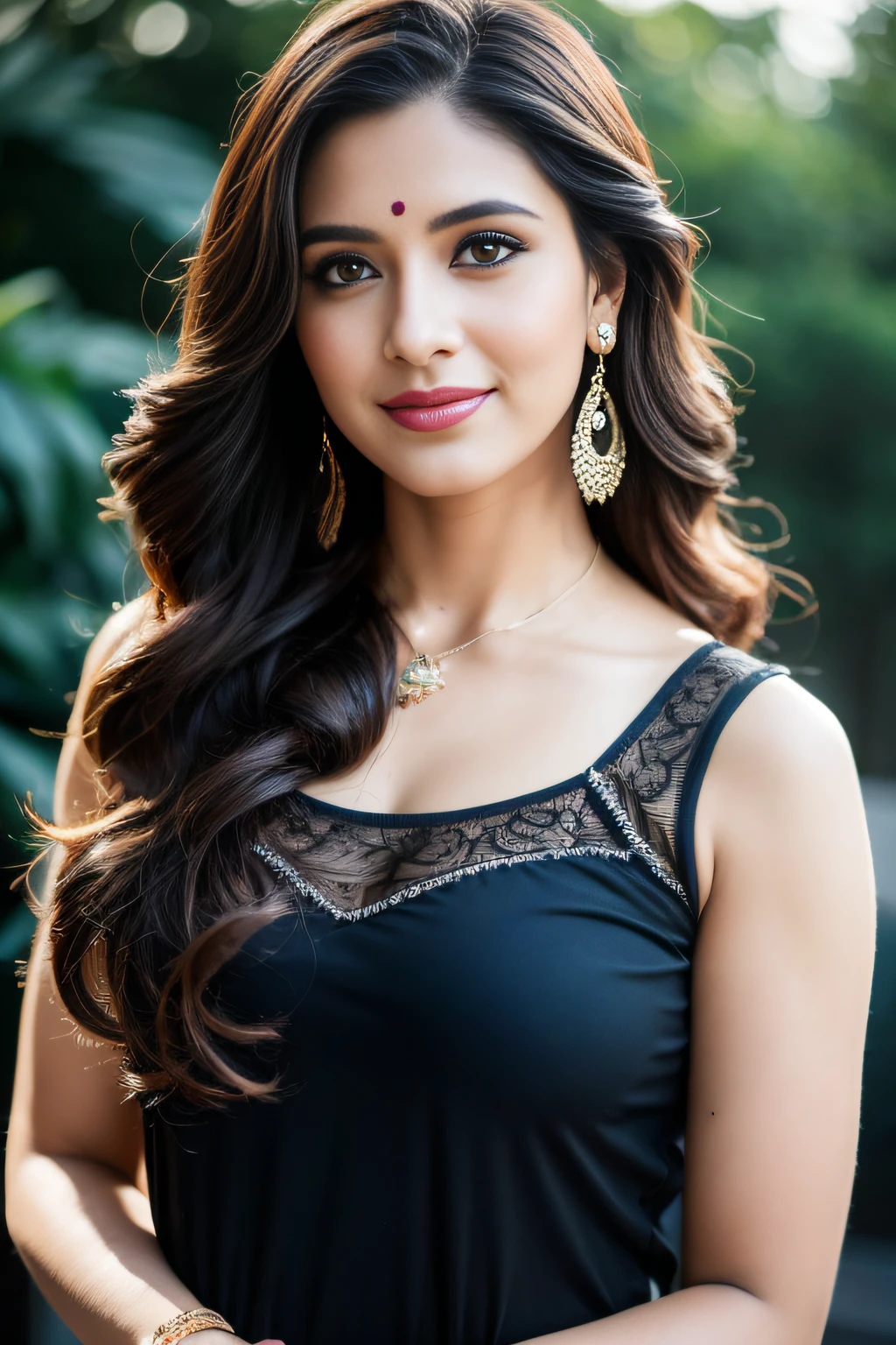 Portrait of A confident-looking 23 year old indian woman with long flowing brown hair, hazel eyes, without flowing capes, black saree, black sleeveless blouse, matching black bindi, matching black bangles, standing in a garden, water background, bokeh, perfect composition, hyperrealistic, super detailed, 8k, high quality, trending art, trending on artstation, sharp focus,  studio photo, intricate details, highly detailed, perfect 36-26-36 figure, charming smile, very pretty, very beautiful, elegance, having a beautiful matching bindi, seductively standing, art by greg rutkowski