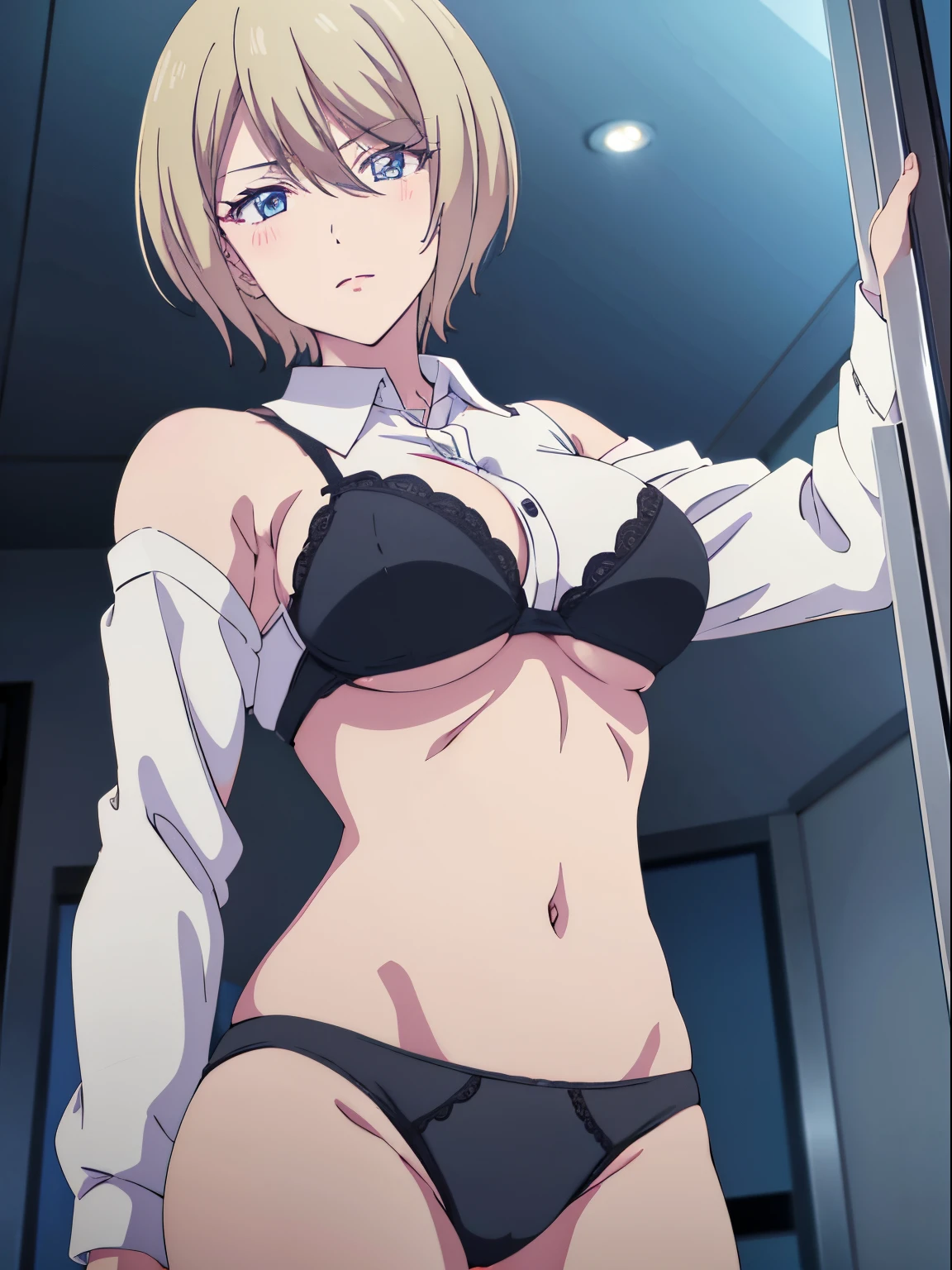 akane hououji, 1 girl, alone, looking at viewer, short hair, dull yellow hair, blue eyes, white shirt, hair between eyes, bare shoulders, large breasts, medium waist, wide hips, wide thighs, black panties, black bra, shirt pull, underwear, underboob, from below, collared shirt, long sleeve, blush, room, window, night, night light entry