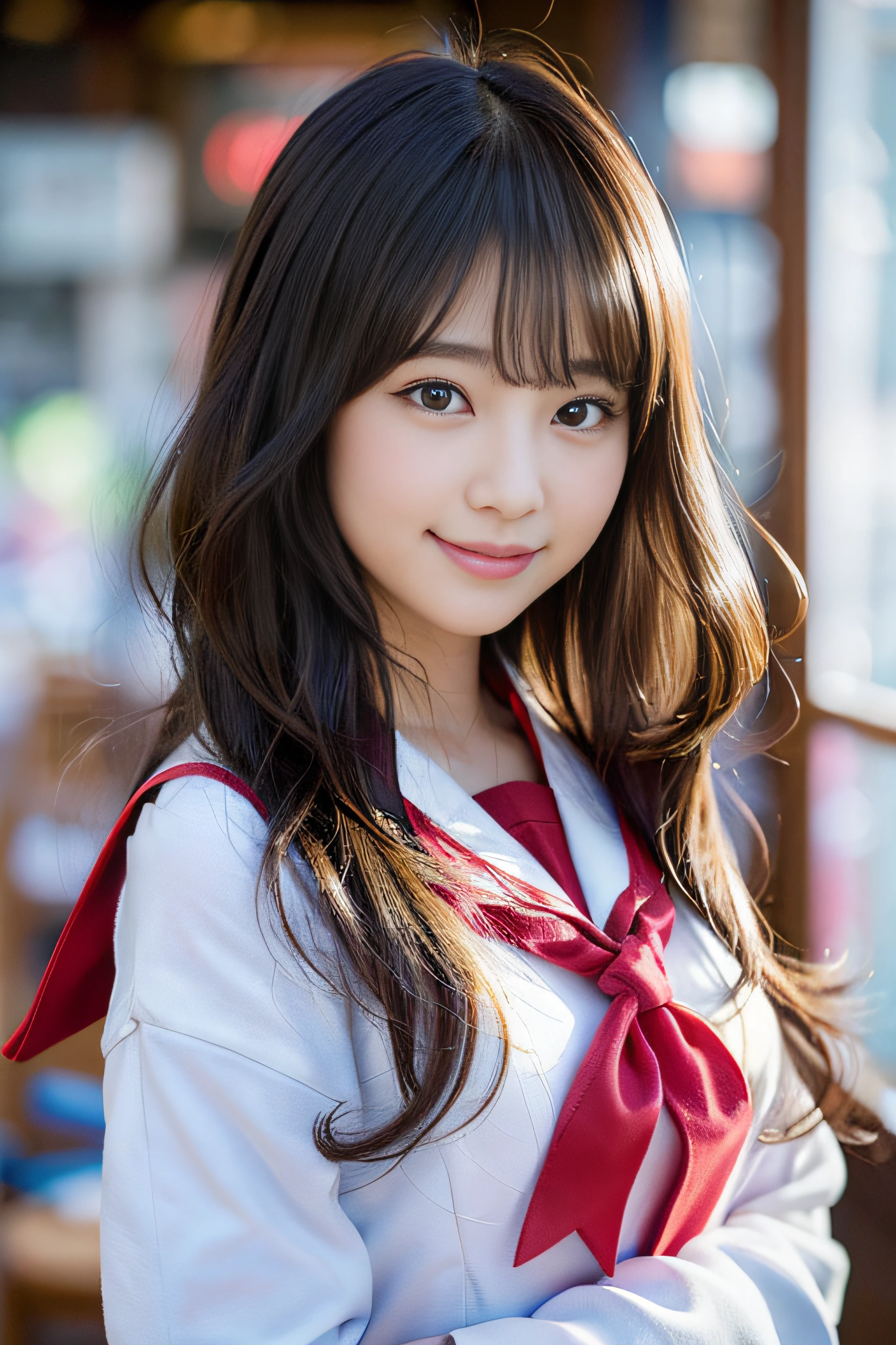 (8K、Raw photography、top-quality、masterpiece:1.2)、(realisitic、Photorealsitic:1.37)、ultra-detailliert、超A high resolution、女の子1人、see the beholder、beautifull detailed face、A smile、Constriction、(Slim waist) :1.3)、Beautiful detailed skin、Skin Texture、Floating hair、Professional Lighting、Whole human body、Longhaire、japanese hight school uniform、a sailor suit、matriculation、、Bob Hair、E-cup、Happy smile、、Red ribbons、a baby face、Game Cee Games、Curly waist、