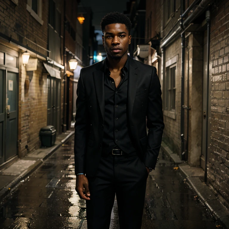 Black man, black suit, alleyway, night, raining