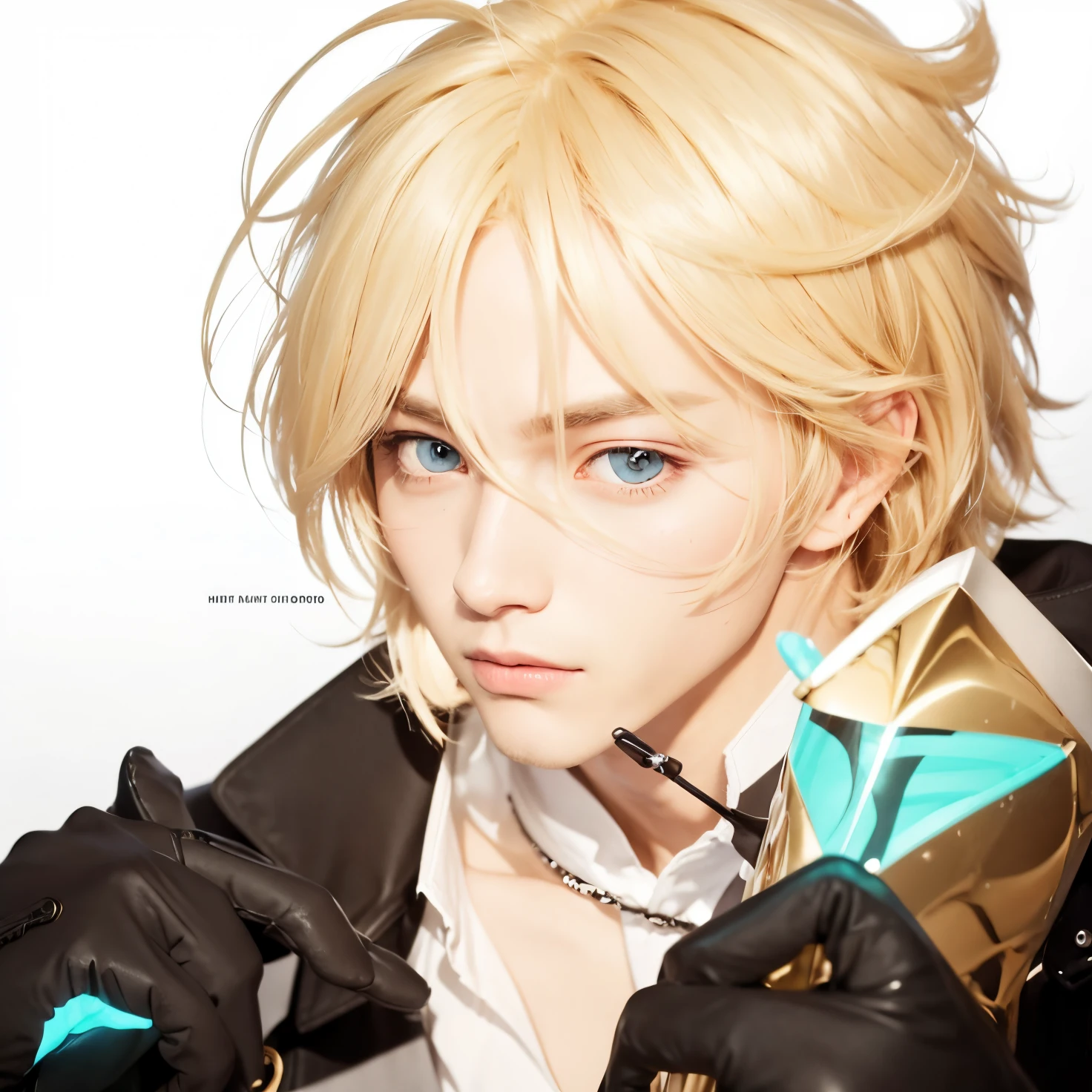 A man with realistic short blonde hair, the same realistic hairstyle, realistic handsome face, realistic cool expression, adapt Exactly the same clothes, realistic light, realistic shadows, realistic background,Realistic black gloves