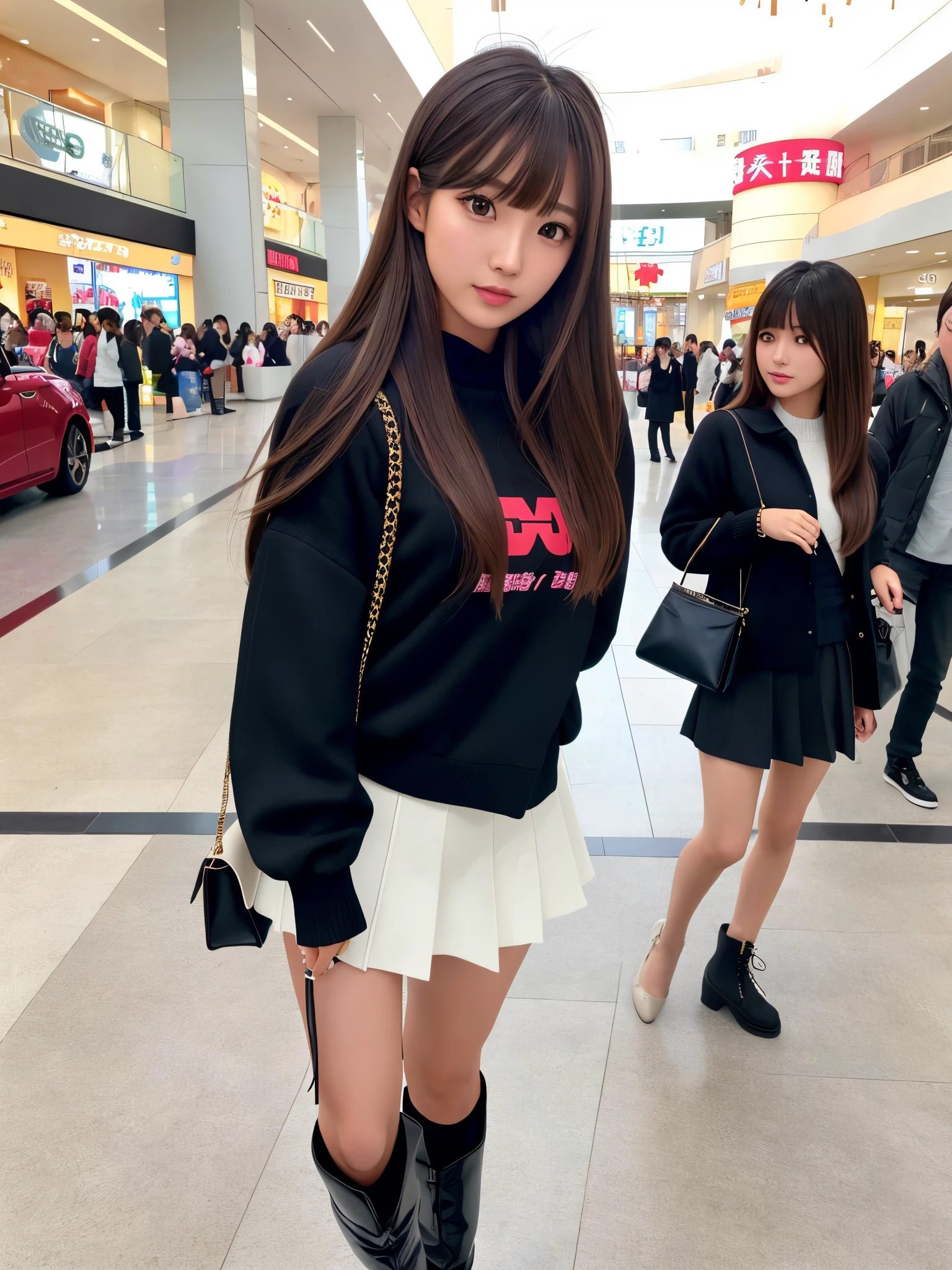 Product quality, 1girl in, FULL BODYSHOT, Front view, a Japanese young pretty woman, Long bob hair, lively shopping mall、jaket、turtle necked sweater、a miniskirt、boots、Glamorous figure, hyper cute face, Glossy lips, Double eyelids in both eyes, Natural makeup, long eyelashes, Glossy smooth light brown long bob hair, asymmetrical bangs, skin tanned, central image, High resolution, high detailing, detailed hairstyle, Detailed face, spectacular movie lighting, Octane Rendering, Vibrant, Hyper realistic, Perfect limbs, Perfect Anatomy