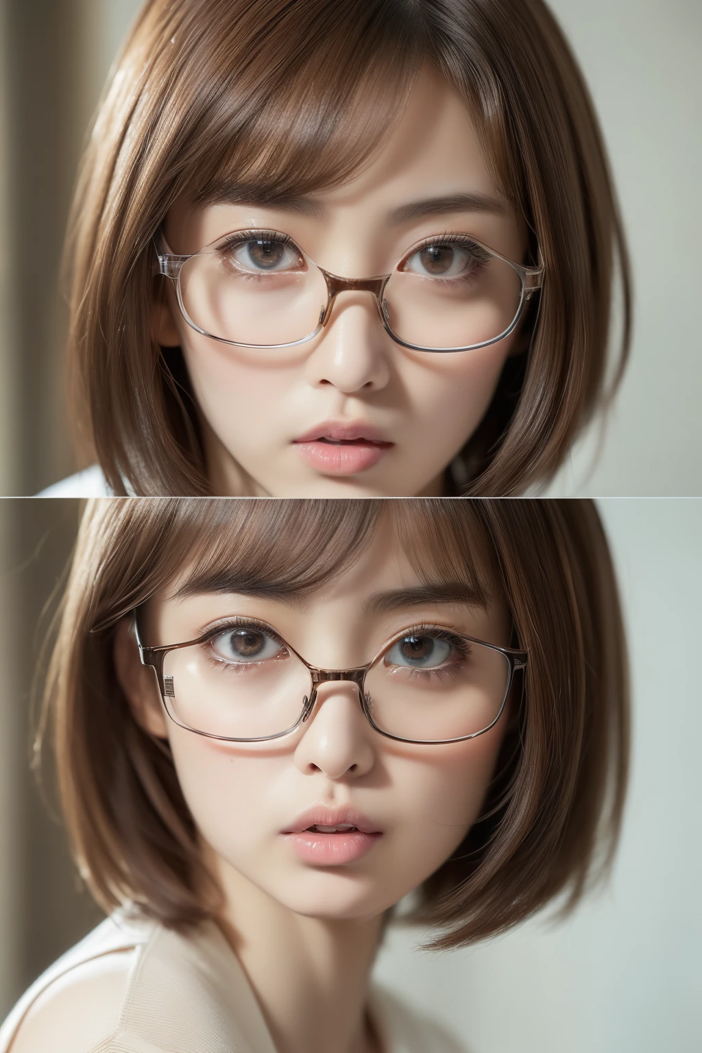(masuter piece:1.3)、(in 8K、Photorealsitic、Raw photography、top-quality: 1.4)、(1girl in)、Beautiful expression、(Lifelike face)、(Brown hair、short-hair:1.1)、Beautiful hairstyle、((((elongated eyes、realisticeyes))))、((((Quite thick lower lip))))Wearing glasses、girl with thick lips sexy for