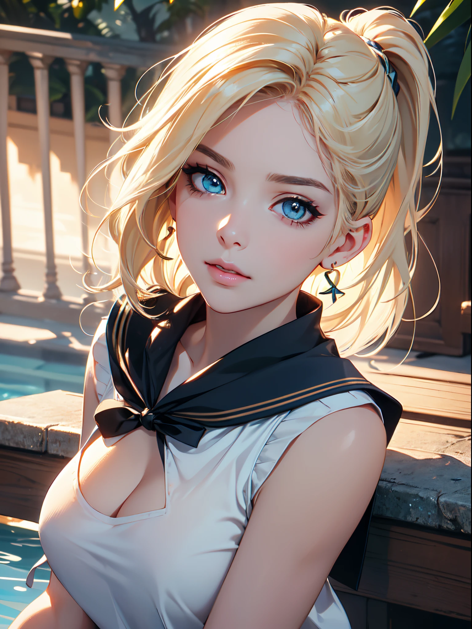 masterpiece, best quality, high quality, High definition, High quality texture, High quality shadow, high detail, beautiful detailed, finely detailed, extremely detailed cg, detailed texture, a realistic representation of the face, realistic, colorful, delicate, Cinematic Light, sidelighting, Lens Flare, Ray tracing, sharp focus, (intricate details, makeup, PureErosFace_V1:0.5), (detailed beautiful delicate face, detailed beautiful delicate eyes, a face of perfect proportion, high detailed skin, detailed skin, best ratio four finger and one thumb, upper body shot, (large breasts), (cleavage), ((Smooth texture, Realistic texture, Photorealistic)), (Detailed beautiful eyes, Beautiful eyelashes, emerald eyes), (blonde semi long hair, ponytail), 1 woman, at poolside, (((sailor shirt, Sleeveless, Open front))), (Beautiful face, Cute face, Detailed face), (((Sunny))), Perfect Eyes Eyes