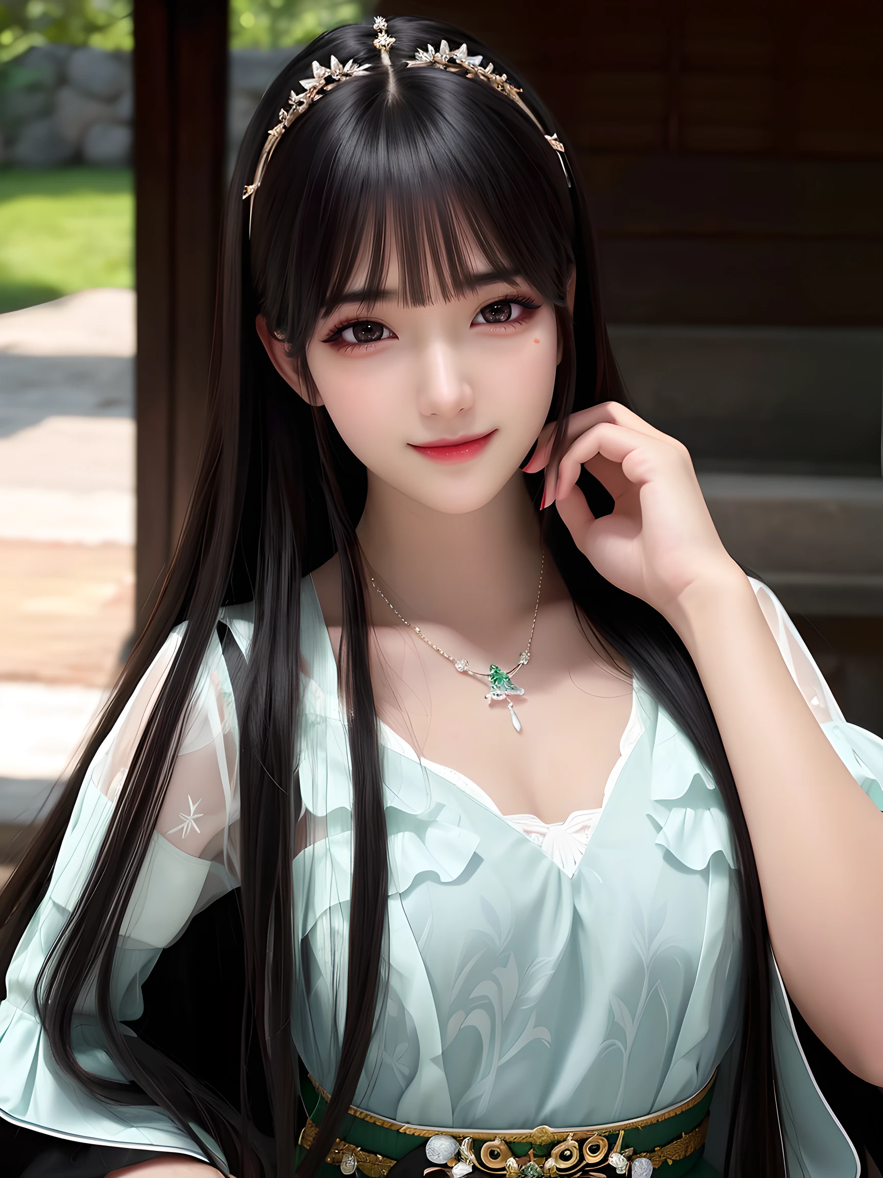 Masterpiece, best picture quality, high quality, beautiful woman, Japanese, popular Korean makeup, detailed, swollen eyes, detailed eyes, detailed skin, beautiful skin, ultra high resolution, (reality: 1.4),very beautiful, slightly younger face, beautiful skin, slender, (ultra realistic), (illustration), (high resolution), (8K), (very detailed) (best illustration), (beautifully detailed eyes), (super detailed), (wallpaper), (detailed face), looking at viewer, fine details, detailed face, pureerosfaceace_v1, smiling, always looking straight ahead, angle from waist up, realistic photo, bright lighting, professional lighting, black hair (some hair is primary color green), long hair green), long hair, dark ruins, gorgeous dress (ruffles, red, black,), mature woman, long stylish bangs,