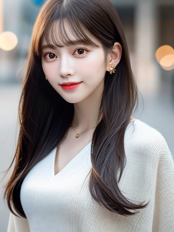 Top Quality, Realistic, 8K, Solo, Smile, Masterpiece, One Girl, Bokeh, Depth of Field, Professional Lighting, High Resolution, Gorgeous, Bangs, Lens Flare, Cute, Photorealistic : 1.37, Earrings, RAW Photography, Absurdity, Watching Viewer, Skindentation, Female, Full Body, Masterpiece: 1.2, Portrait: 0.6, Necklace, pureerosface_v1,　skinny, dynamic pose, mole, floating hair, lips