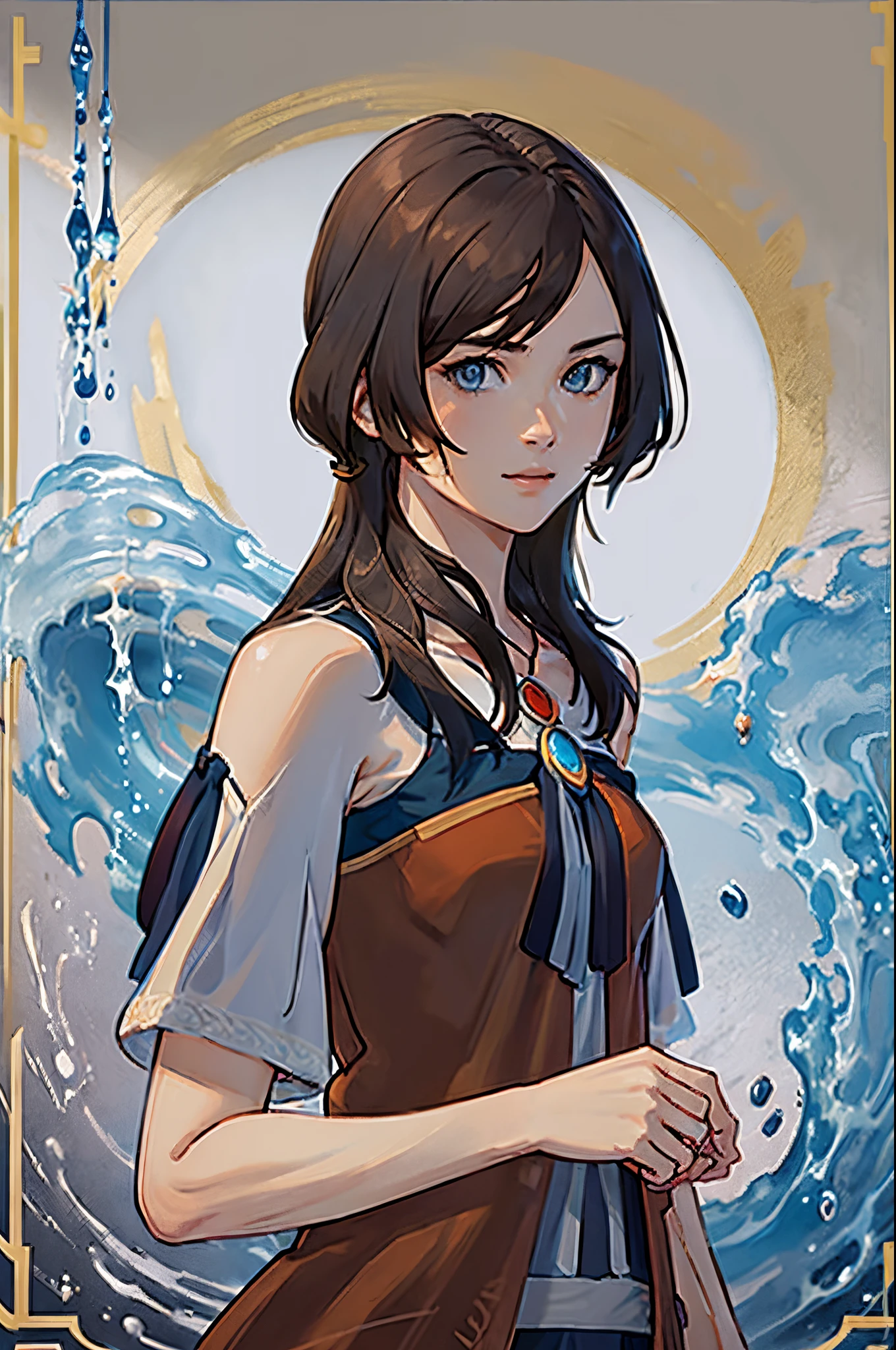 (masterpiece, illustration, best quality, detailed) legend of avatar style, auburn hair, multi coloured eyes, long hair, hair between eyes, long side bangs, loose hair, wears small necklace, blue and white clothes, extremely detailed, beautiful face, detailed eyes, 1girl, cute small smile, looking at viewer, upper body, light skin