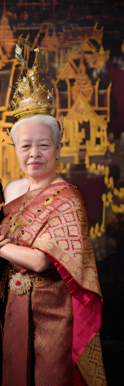 there is a woman in a crown and a man in a suit, chinese empress, sukhothai costume, in style of thawan duchanee, inspired by Ruth Jên, ceremonial portrait, an old lady with red skin, wearing a luxurious royal cloak, wearing gilded red royal robes, wearing ornate clothing, wearing a royal robe, inspired by Lan Ying