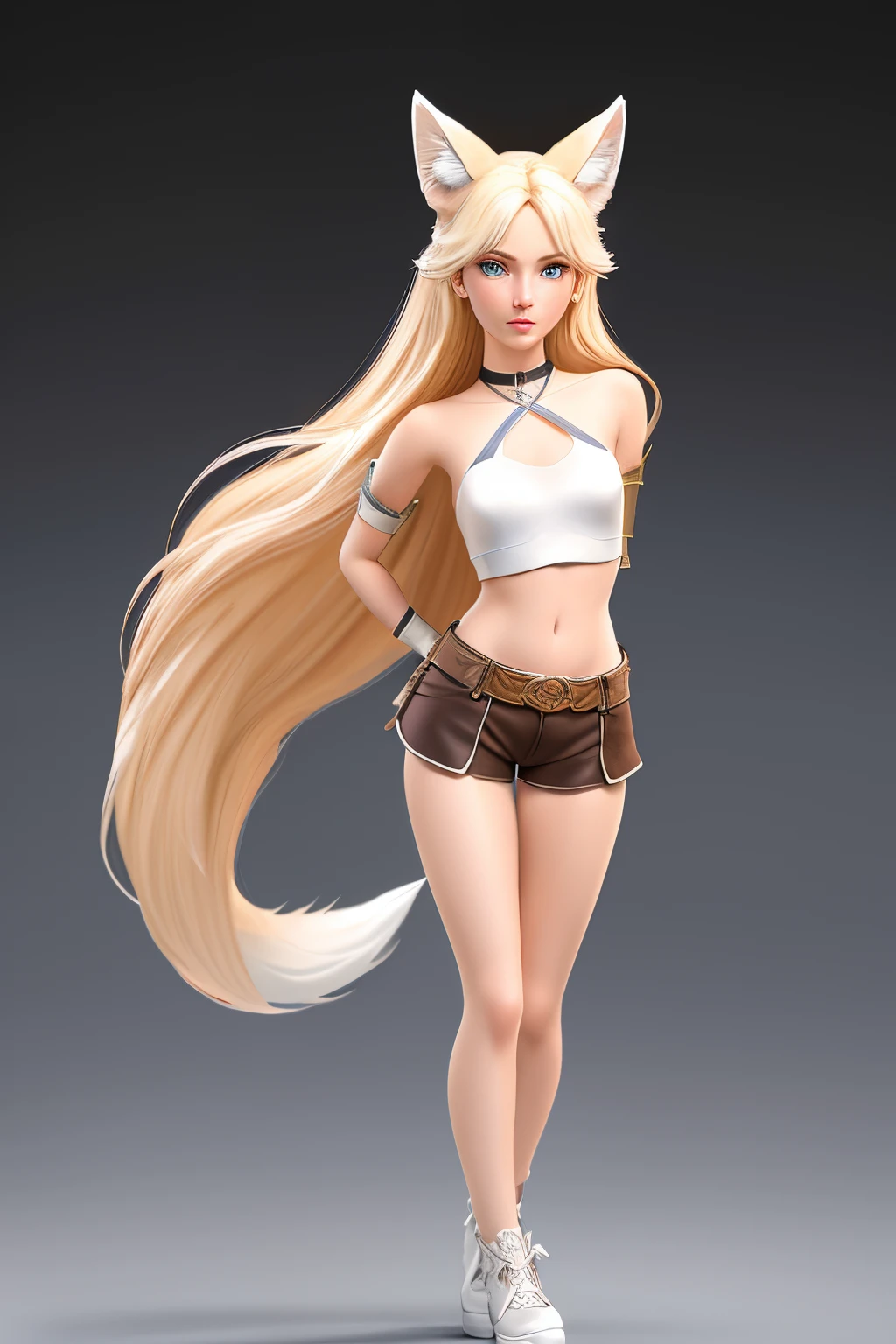 close up 1girl in, teenager, Solo, Aesthetic artwork, blond, straight blonde hair, super long blonde hair, light blue eyes,  some small freckles, pale skin, small breasts, runners body, (thin hips, thin waist: 1.25), detailed skin, neutral face, parted lips, (action shot, dancing:1.3), wearing a choker with a bell, (wearing brown leather halter top and short shorts with armor:1.1), (white fox ear, white fox tail:1.25), (full body: 1.1), very detailed city roof background, rooftop, overlooking ancient Greek city, 24mm, 4k textures, soft cinematic light, RAW intricate, elegant, highly detailed, sharp focus, ((((cinematic look)))), soothing tones, insane details, intricate details, hyperdetailed, low contrast, soft cinematic light, dim colors, exposure blend, hdr, faded