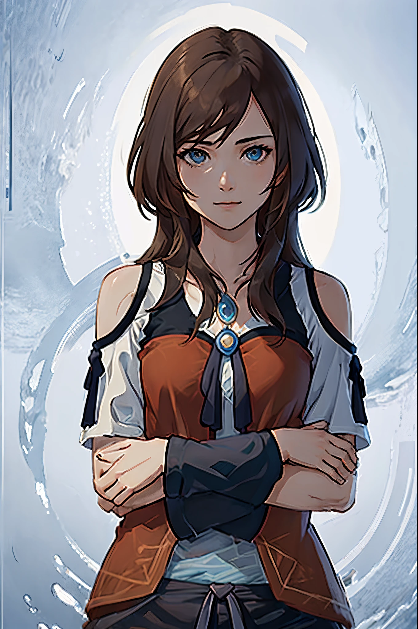 (masterpiece, illustration, best quality, detailed) legend of avatar style, auburn hair, multi coloured eyes, long hair, hair between eyes, long side bangs, loose hair, wears small necklace, blue and white clothes, extremely detailed, beautiful face, detailed eyes, 1girl, cute small smile, looking at viewer, upper body, light skin