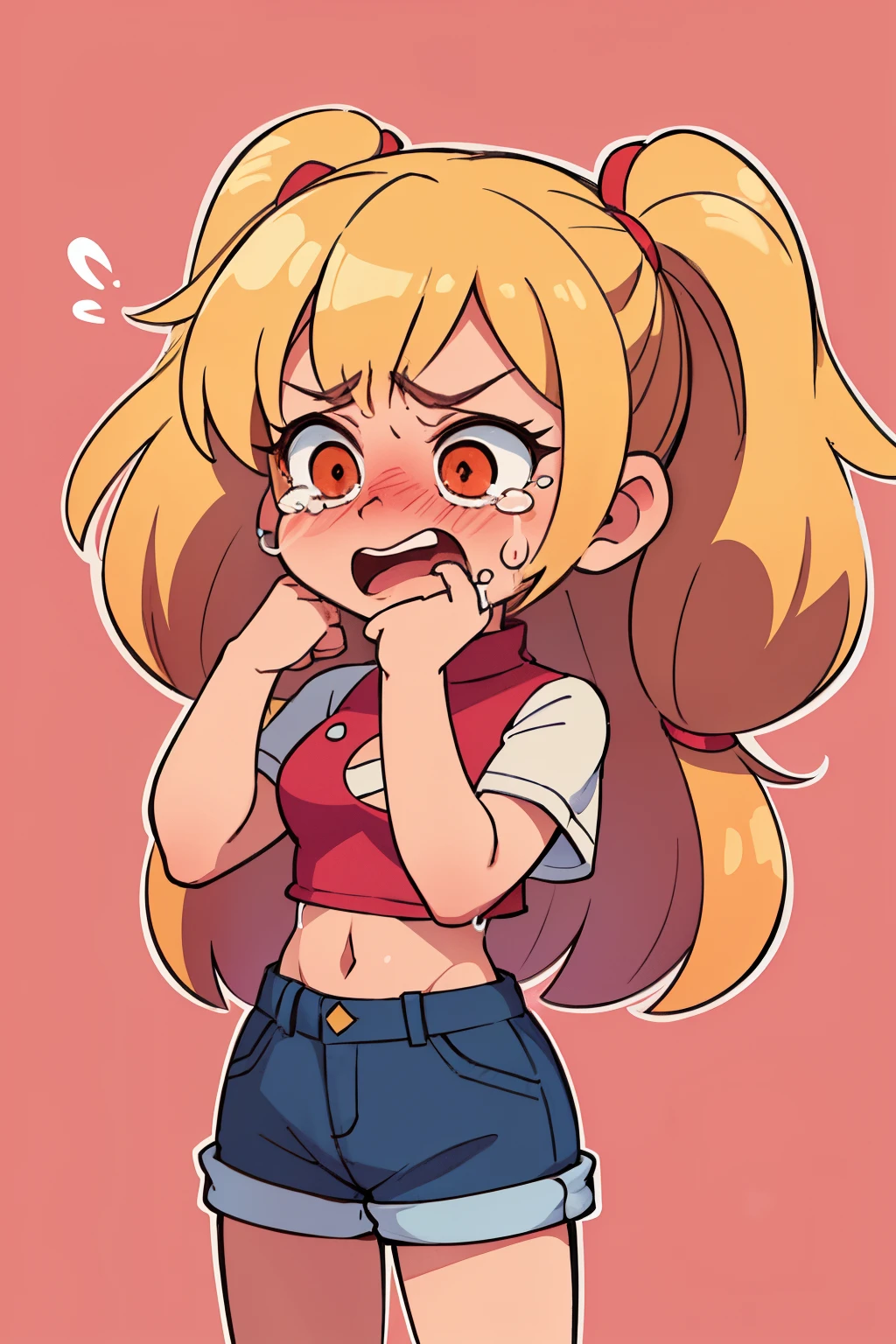 ((best quality, masterpiece)), ((die-cut sticker)), [(simple background:1.3),::5], (solid outline:1.2), chibi, 1girl, Pink crop top, make up, eyelyeliner, long blonde hair, blonde pigtails, ((crying , tears, embarrassed, blush):1.1),