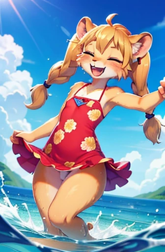 High quality, 4k, 8k, furry, anthro, age, girl, lioness, flat chest, laughing, eyes closed, onepiece floral swimdress, splashing water, hair in pig tails