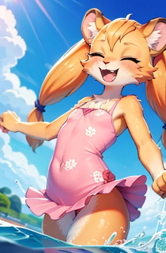 High quality, 4k, 8k, furry, anthro, age, girl, lioness, flat chest, laughing, eyes closed, onepiece floral swimdress, splashing water, hair in pig tails
