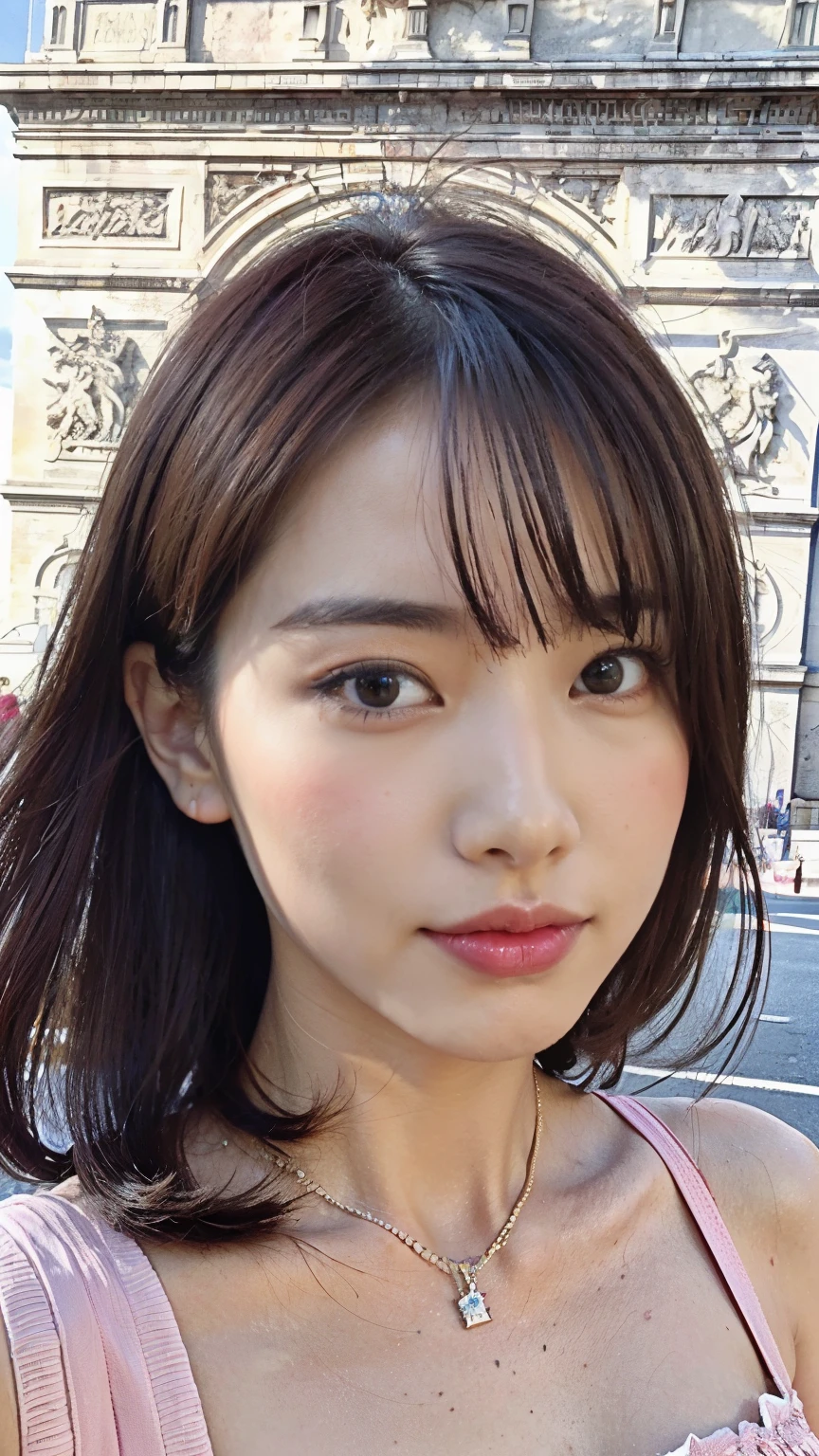 Against the backdrop of the Arc de Triomphe，with high definition images，Wearing a pink dress:Enako(masutepiece, Best Quality: 1.2), ultra-detailliert, fullbody image，Highest detail, (body:1.4), (royalty and nobility: 1.3), (Beautiful face:1.2), Tall woman(Beautuful Women: 1.2),