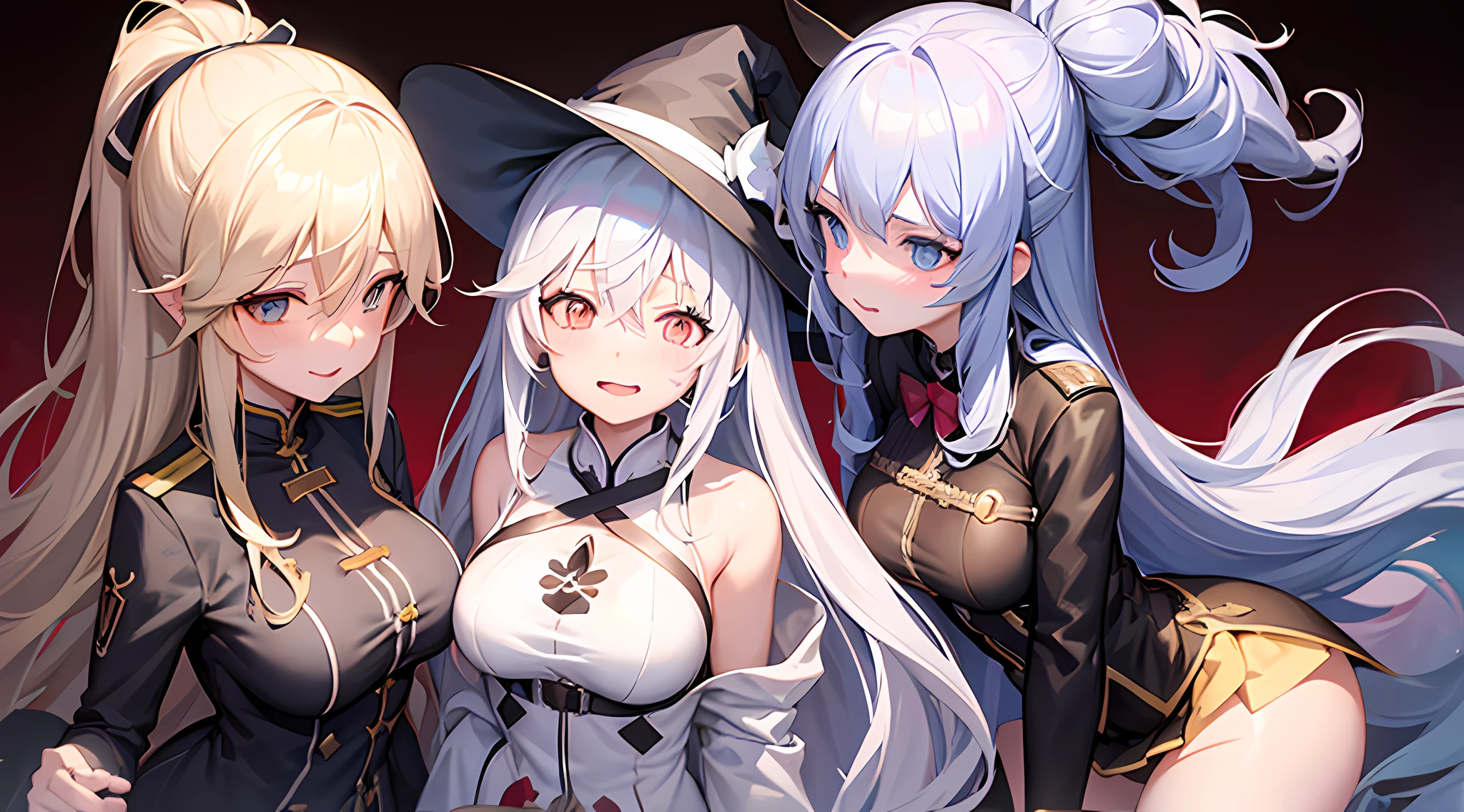 three anime girls with long white hair and hats are posing for a picture, thick blush on their face, seductive facial expression, witch academia, horny face, popular isekai anime, from girls frontline, visual novel cg, isekai, flirty anime witch , girls frontline style, (close up illustration)