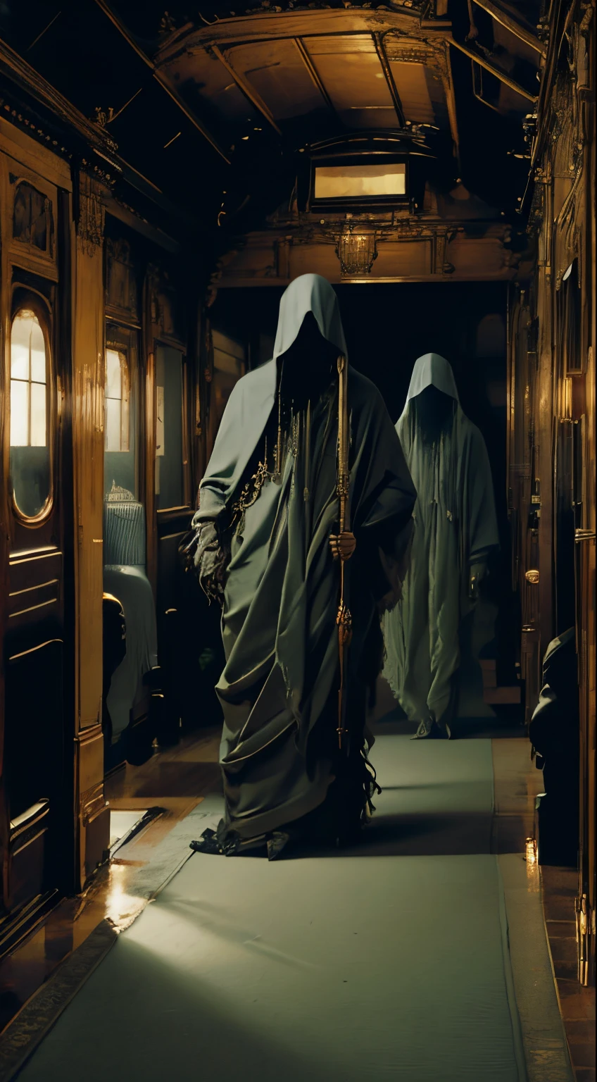 The interior of a lavish train car with red carpet, populated by hooded ghosts.  Some look like caterpillars.