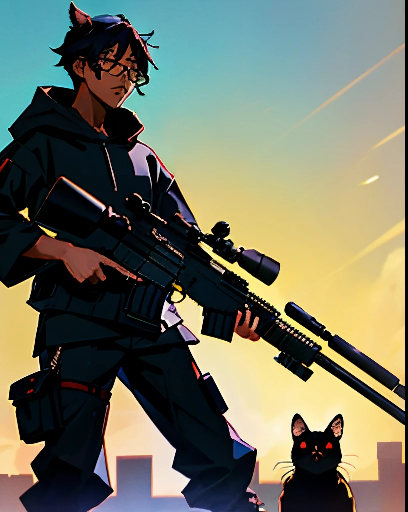 Anime-style sniper boy with black cat ears holding a large anti-tank sniper rifle with a sniper scope　Black hair and blue eyes、Black-rimmed glasses　He wears an all-black hoodie　Against the backdrop of a gunfight in a conflict zone　cyber pan style