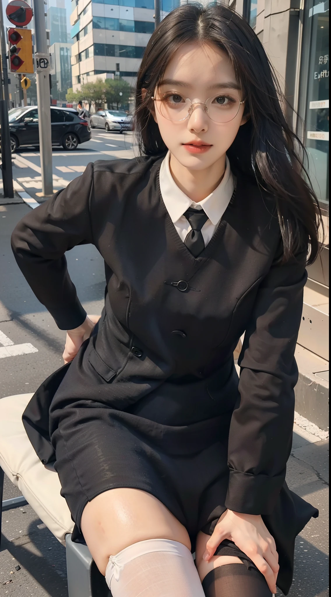best qualtiy, Full body like,Refined face,pretty face,25 years old woman,slimfigure,Smaller bust,office lady uniform,Office wear,black lence stockings,Outdoor Scene,Sit Pose,wears glasses,dynamic action