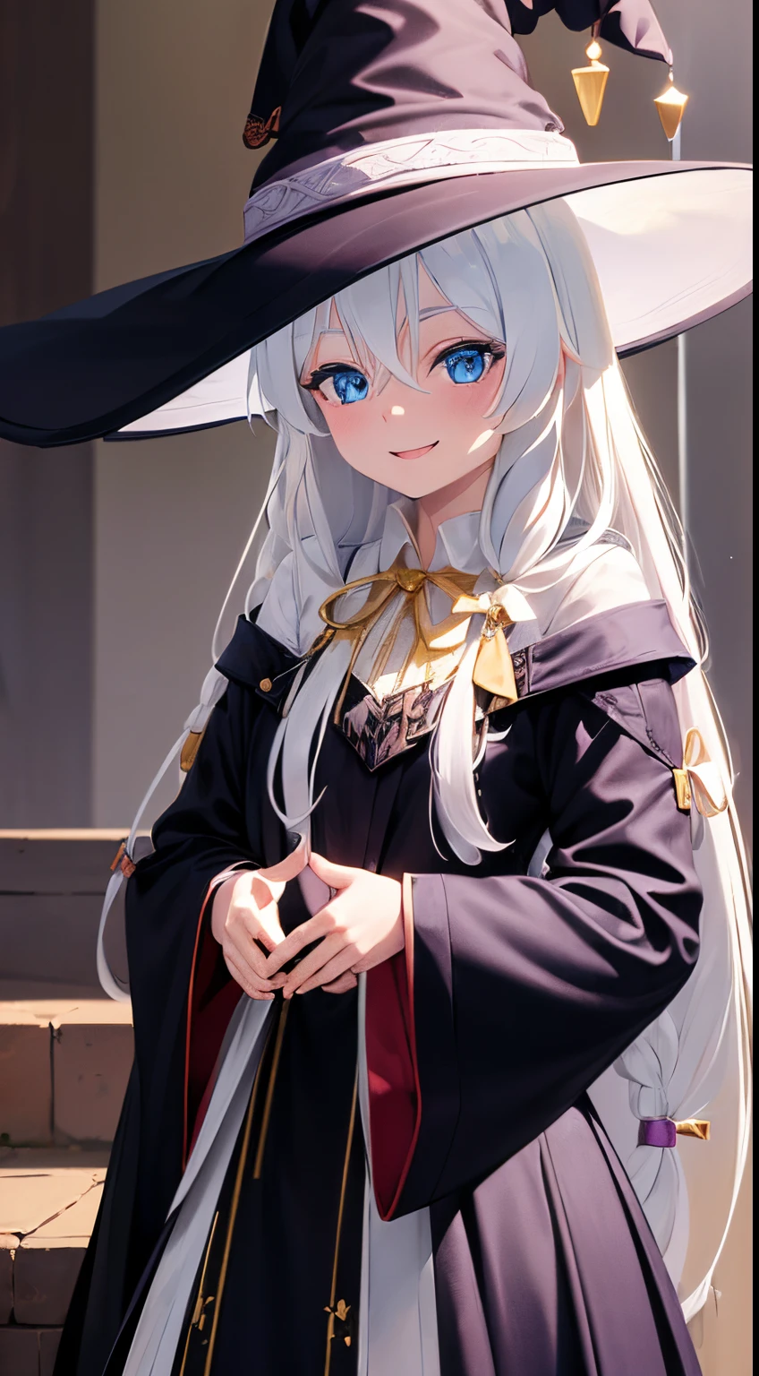 ((cute women, Long white hair, eBlue eyes)), witch clothes, Witch hat with ribbon, Smiling, 8K, The is very detailed, Cute pose,fullnude