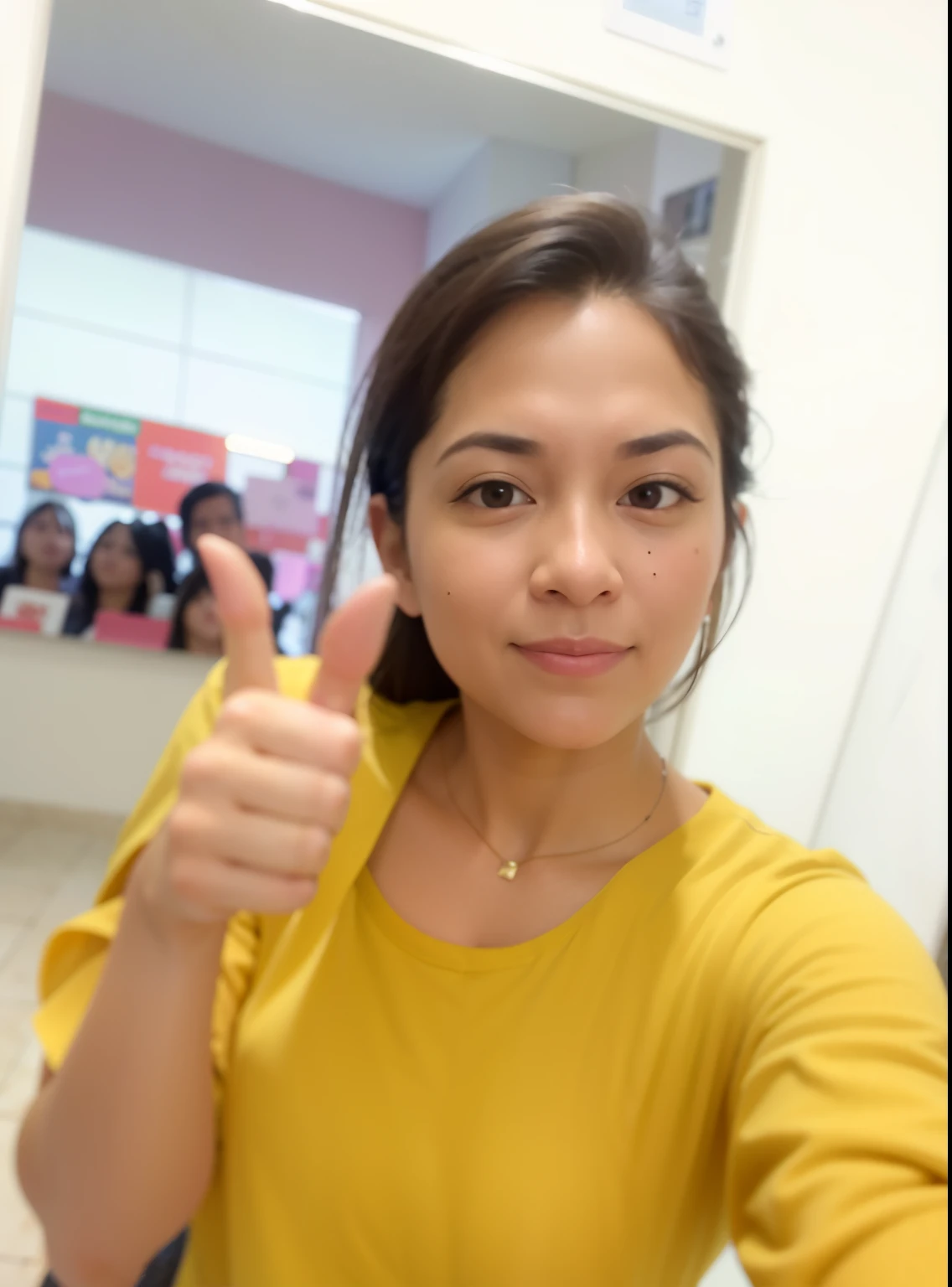 woman in yellow shirt showing thumbs up in front of a mirror, picture, attractive photo, real ungine, 3 0 years old woman, 30 years old woman, 8k selfie photograph, cute photo, ๐๐๐โบ๐๐๐, with accurate face, selfie photo, very clear picture, with index finger, nivanh chanthara, naked, woman naked