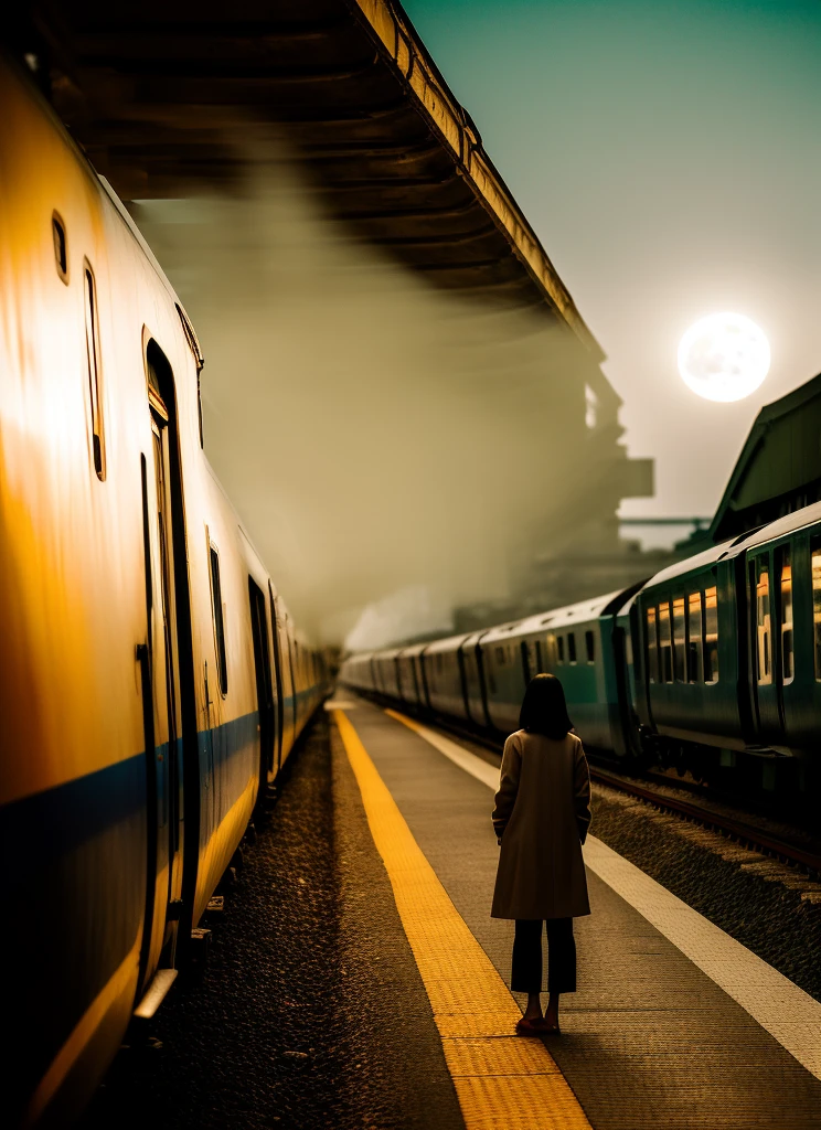 It creates a surreal image of a Japanese woman without the lower half of her body. His figure floats in the air near the train tracks, with an ethereal aura and enigmatic eyes. Use dark tones and shadows to highlight the mysterious atmosphere. The full moon illuminates his figure, revealing disturbing details. Transmits the feeling of suffering and revenge