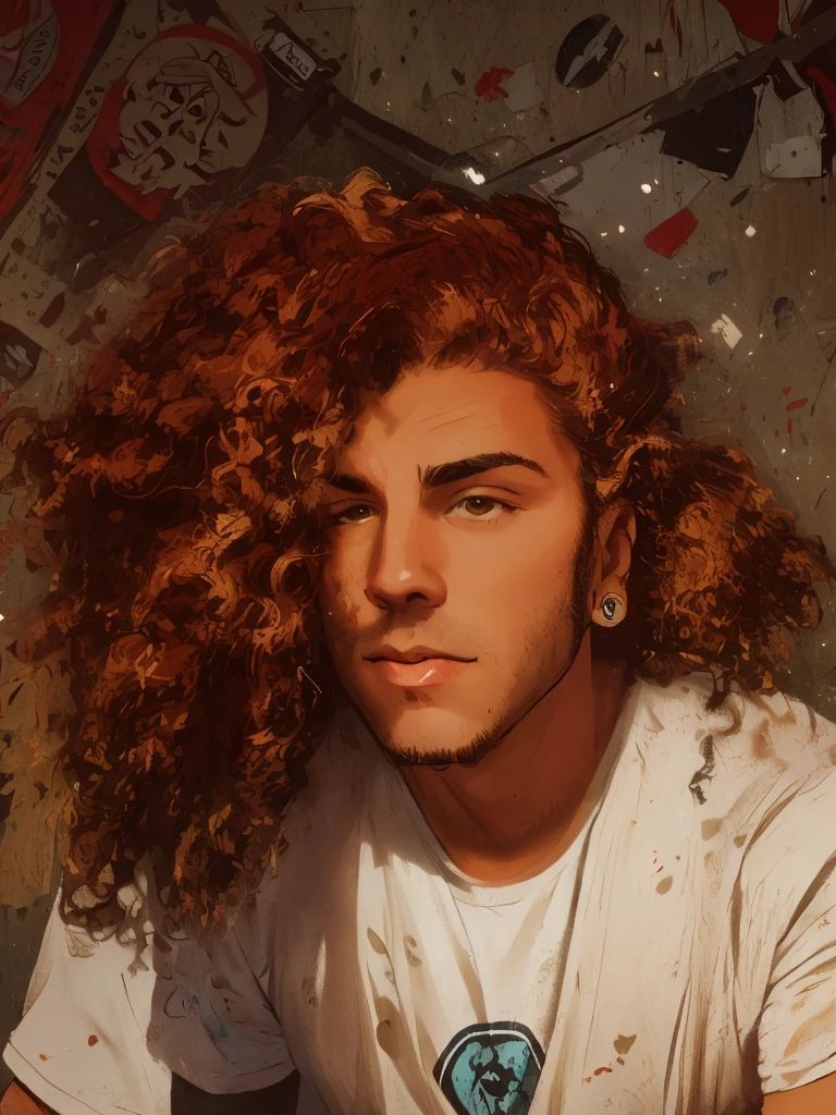 of a man with long curly hair wearing a white shirt, um homem com longos cabelos cacheados, curls on top of his head, em torno de 1 9 anos, curly middle part haircut, com longos cabelos cacheados, cabelos cacheados, Homem com cabelo encaracolado, imagem frontal, encaracolado, com olhos assombrados e cabelos cacheados, caio santos, cachos por cima, (STILE GRAFITTI ESTILO DE RUA)